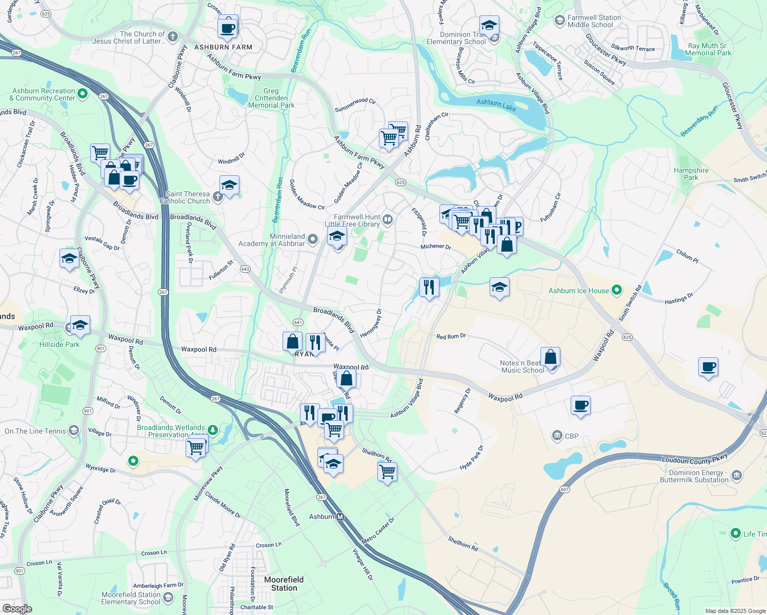 map of restaurants, bars, coffee shops, grocery stores, and more near 43750 Crane Court in Ashburn
