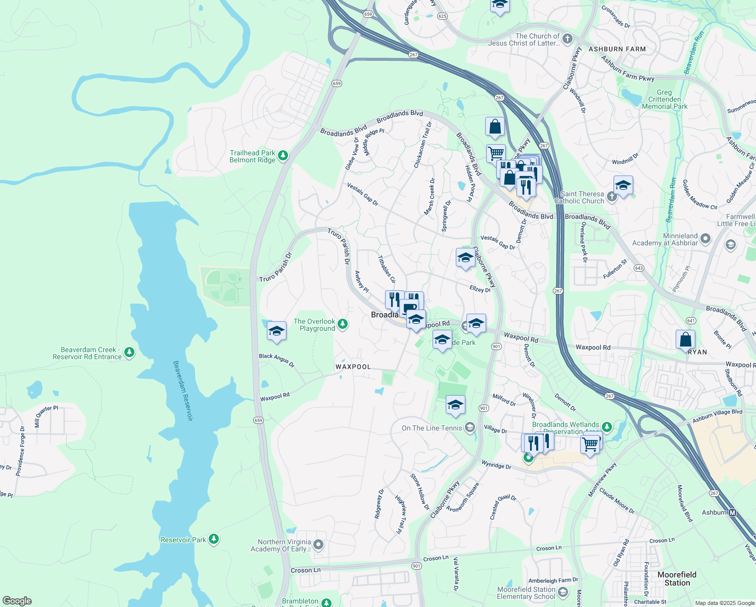 map of restaurants, bars, coffee shops, grocery stores, and more near 21591 Awbrey Place in Broadlands