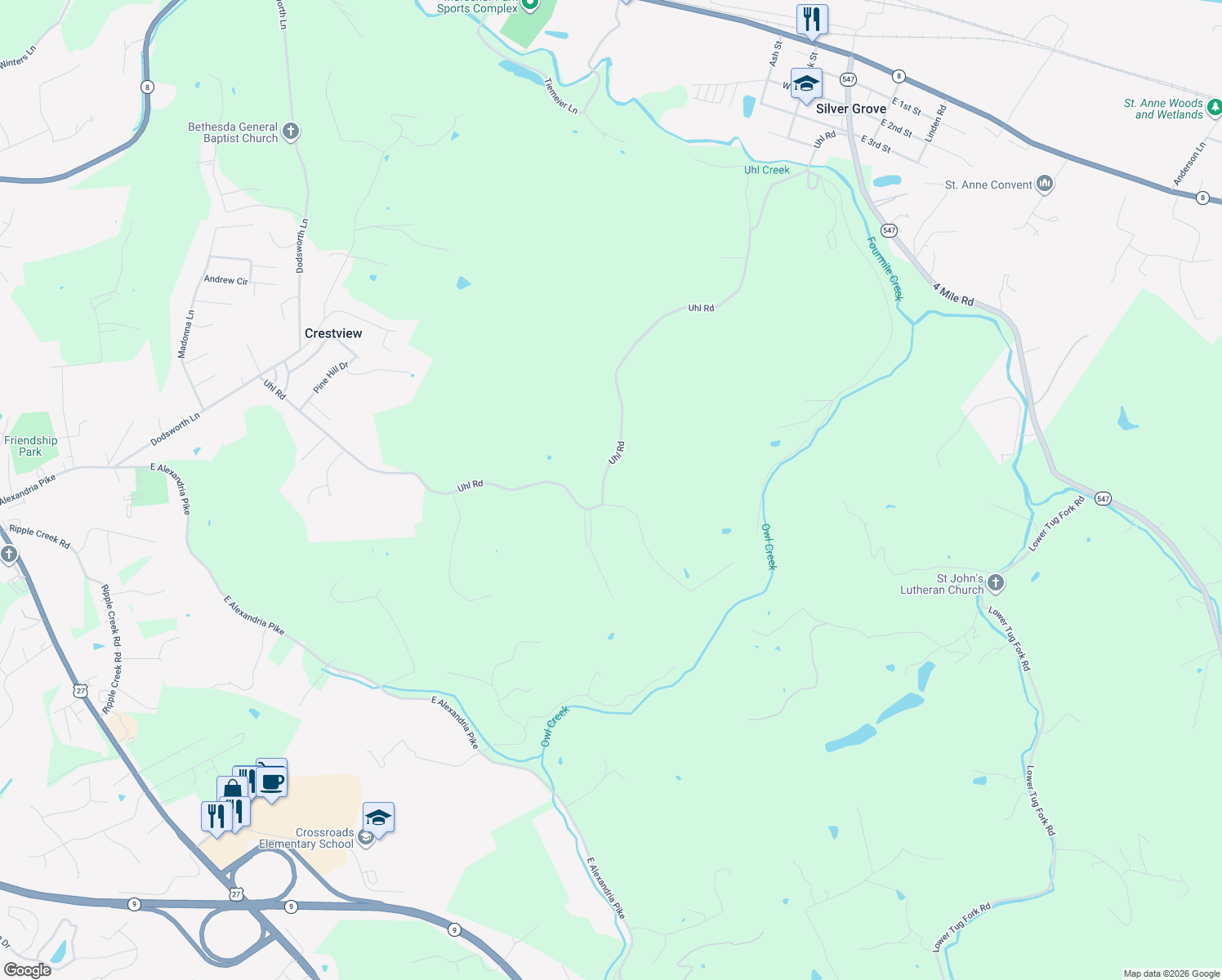 map of restaurants, bars, coffee shops, grocery stores, and more near 2698 Uhl Road in Cold Spring