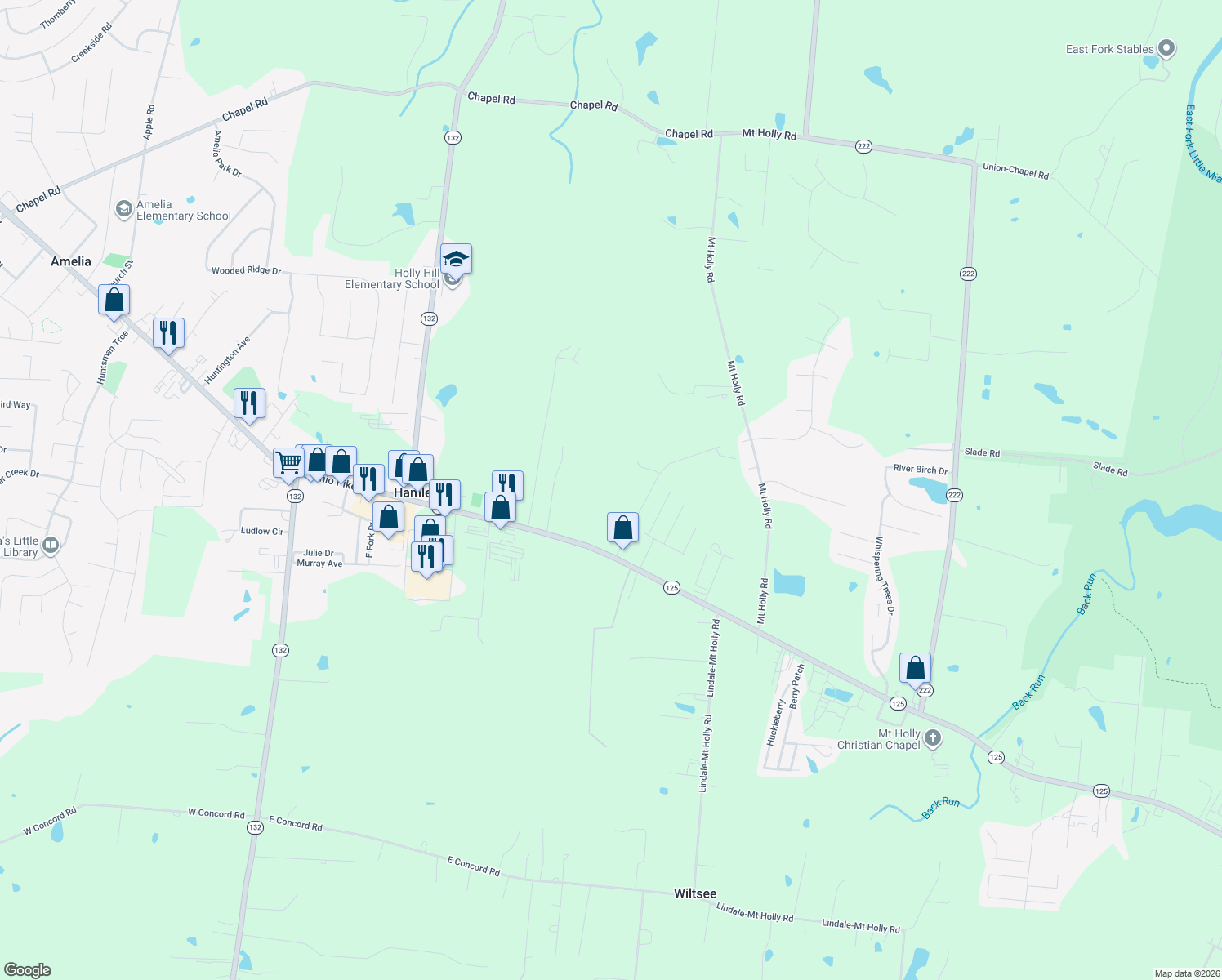 map of restaurants, bars, coffee shops, grocery stores, and more near 3395 Brown Lane in Amelia