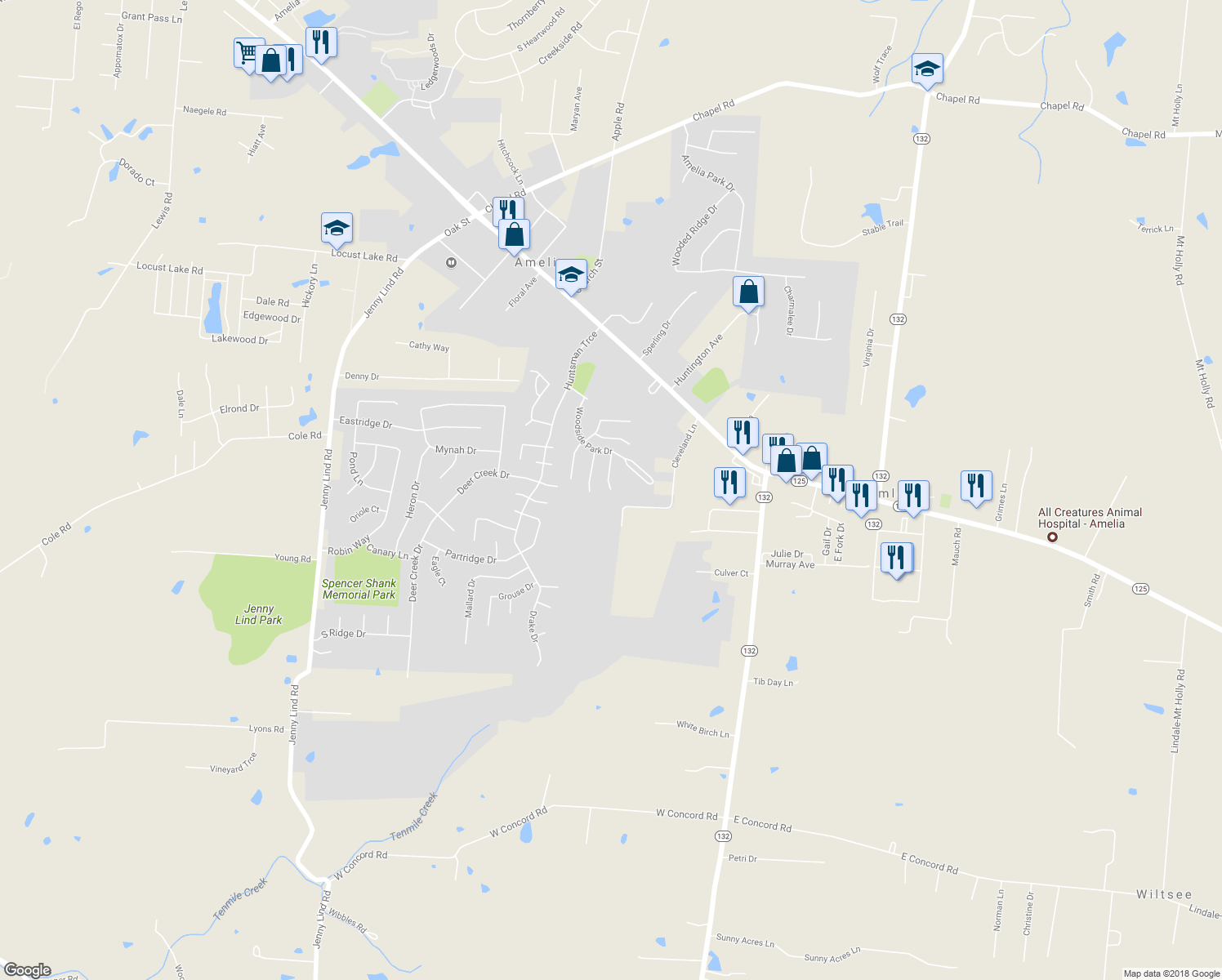 map of restaurants, bars, coffee shops, grocery stores, and more near 9 Belwood Court in Amelia