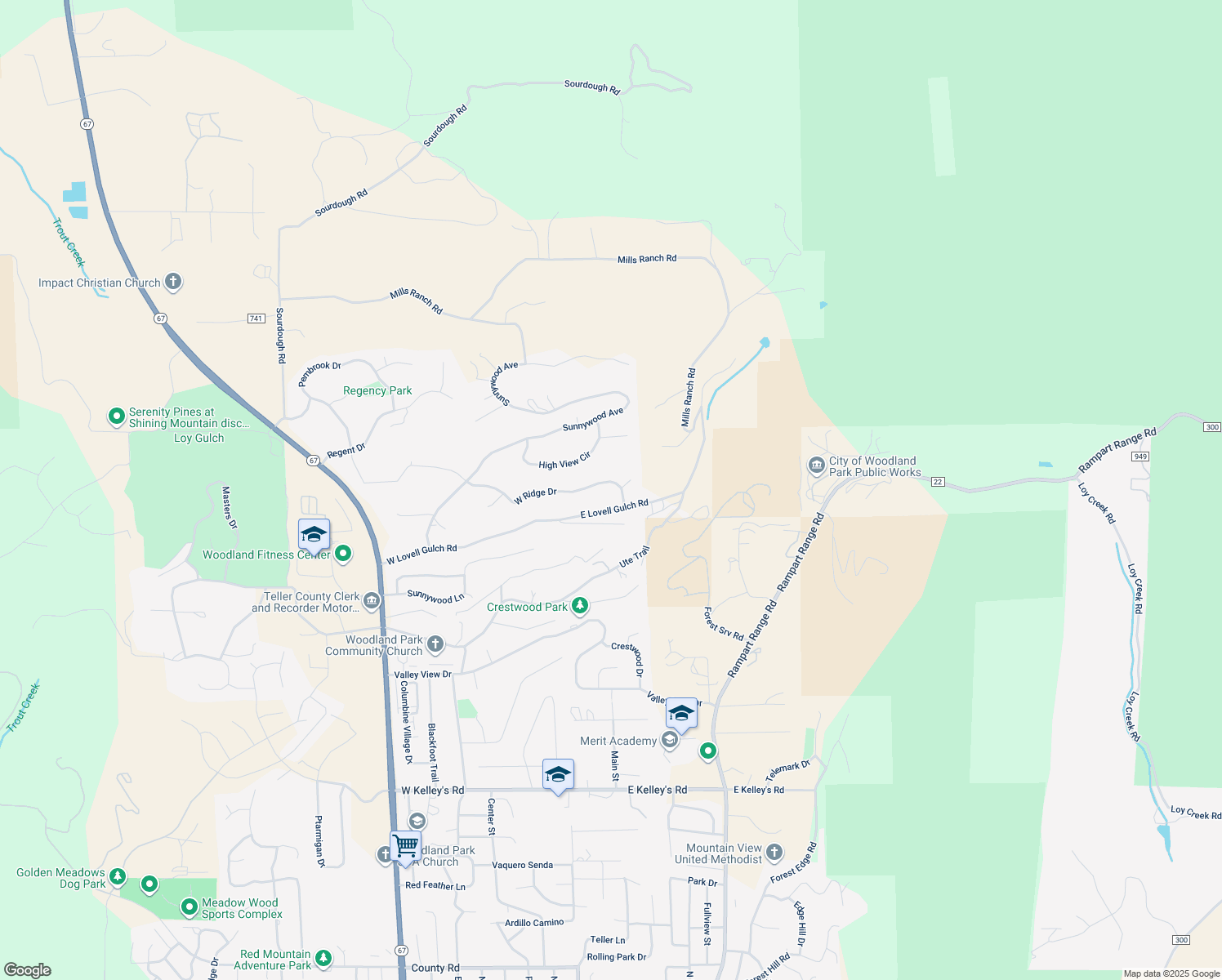 map of restaurants, bars, coffee shops, grocery stores, and more near 205 East Ridge Drive in Woodland Park