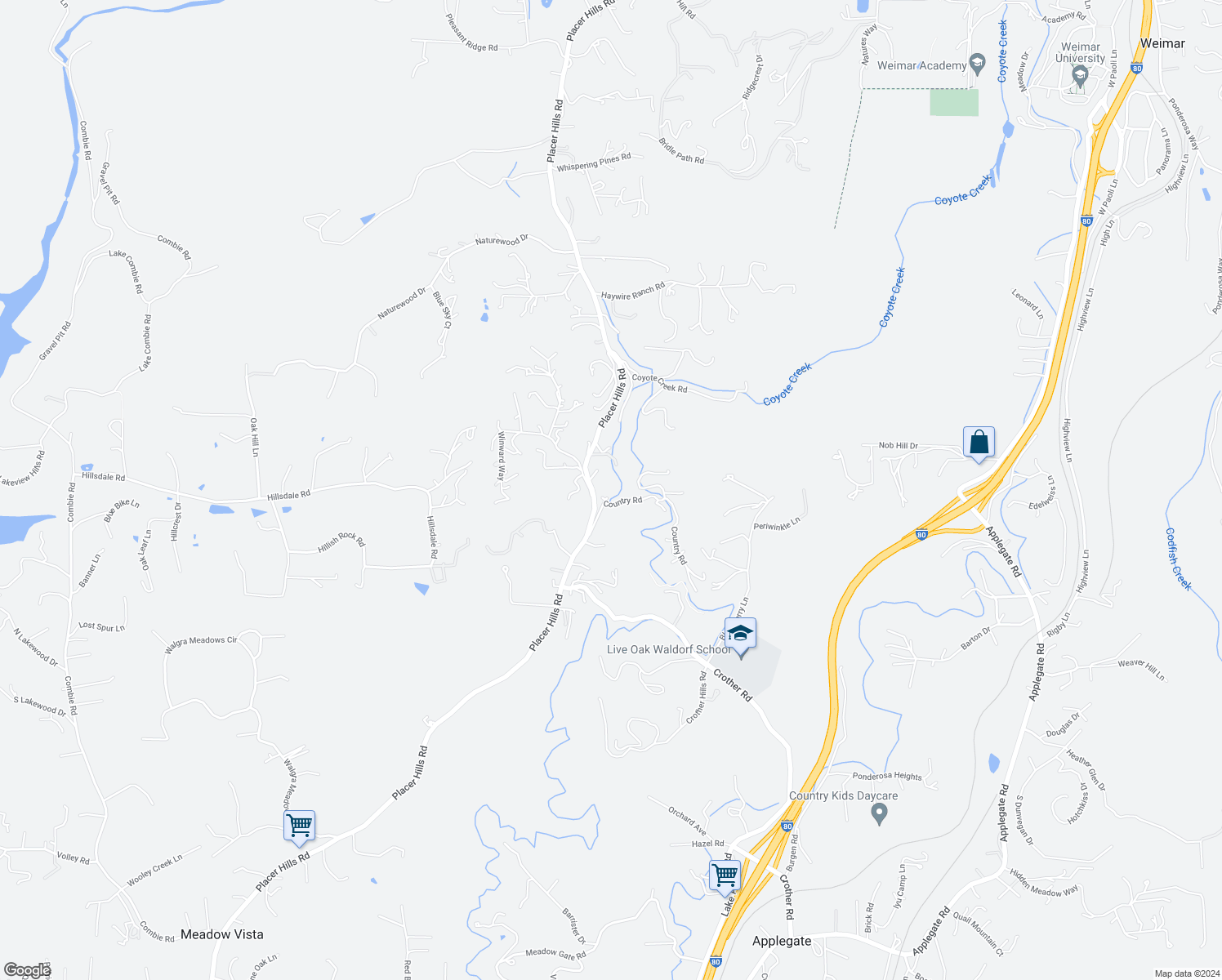 map of restaurants, bars, coffee shops, grocery stores, and more near 870 Country Road in Meadow Vista