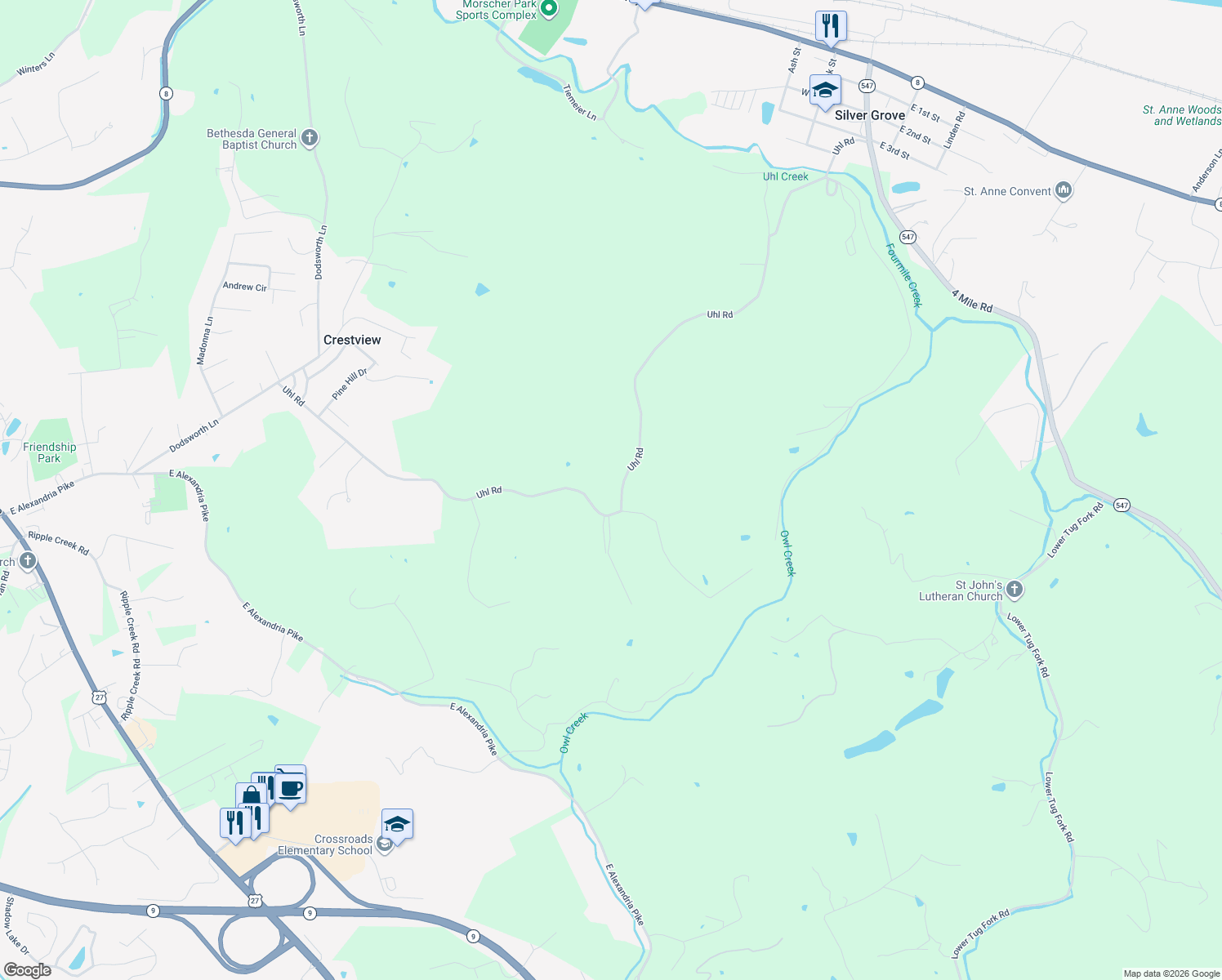 map of restaurants, bars, coffee shops, grocery stores, and more near 2698 Uhl Rd in Cold Spring
