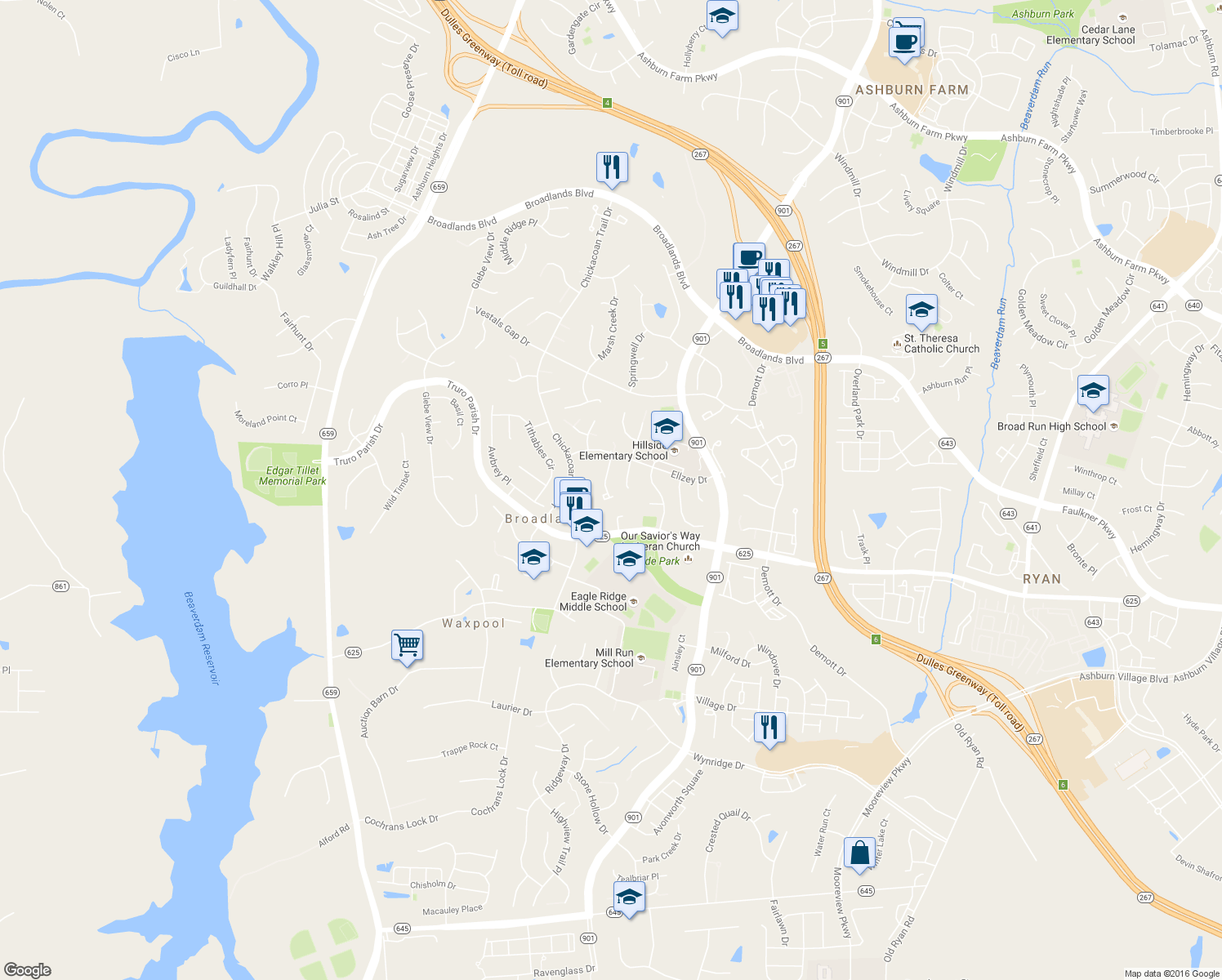 map of restaurants, bars, coffee shops, grocery stores, and more near 21588 Bankbarn Terrace in Broadlands