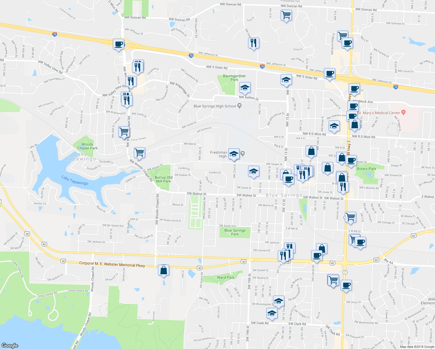 map of restaurants, bars, coffee shops, grocery stores, and more near 2400 London Drive in Blue Springs