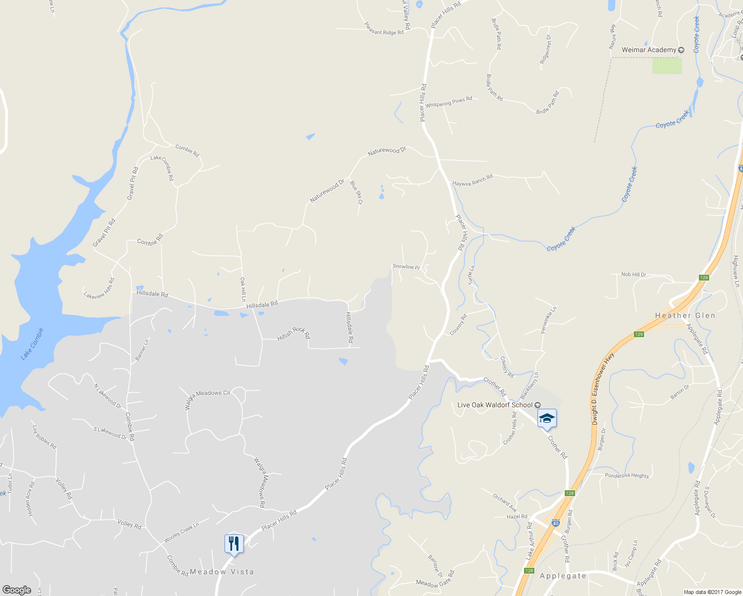 map of restaurants, bars, coffee shops, grocery stores, and more near 17960 Squirrel Haven Lane in Meadow Vista