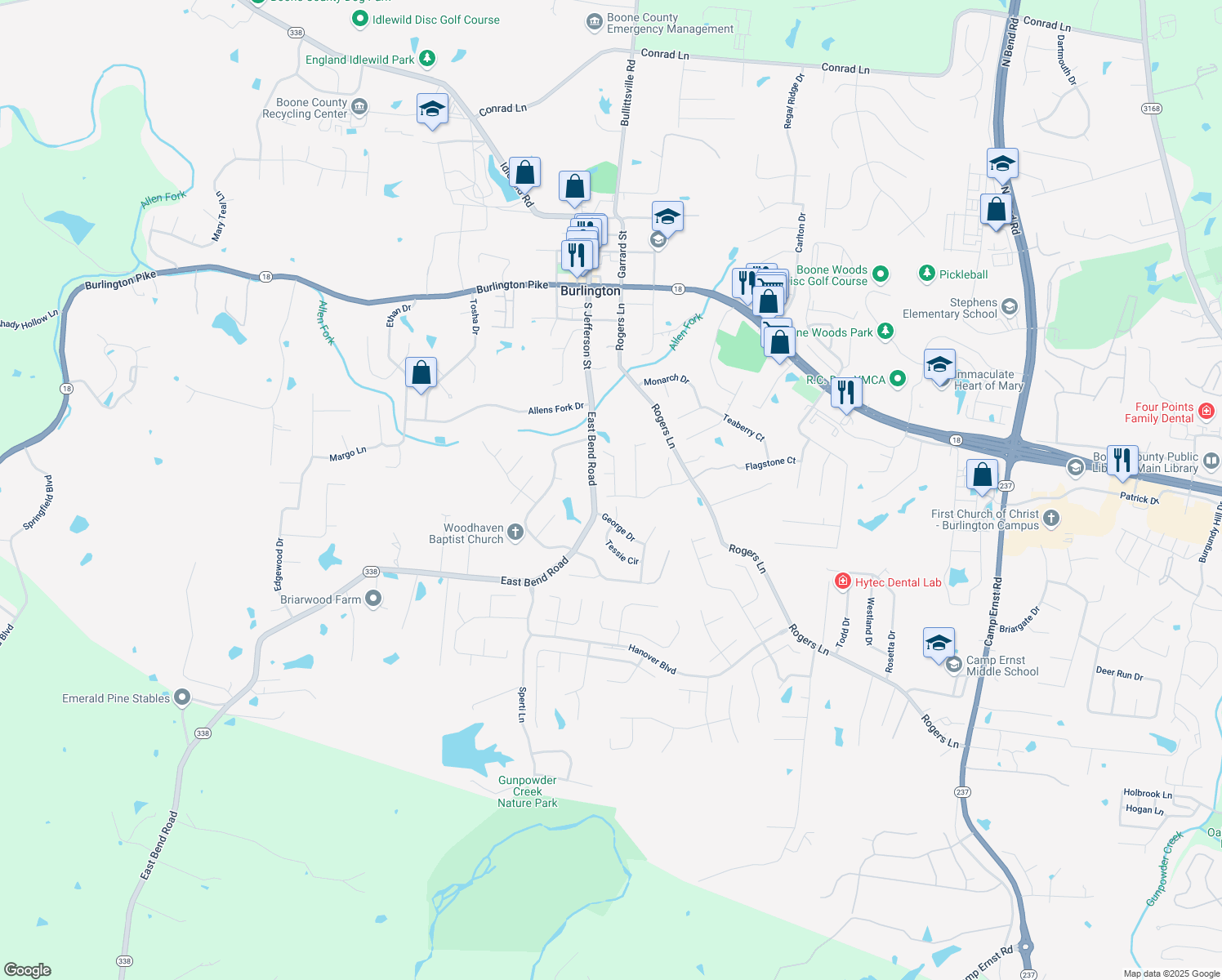 map of restaurants, bars, coffee shops, grocery stores, and more near 2964 Holly Hill Dr in Burlington
