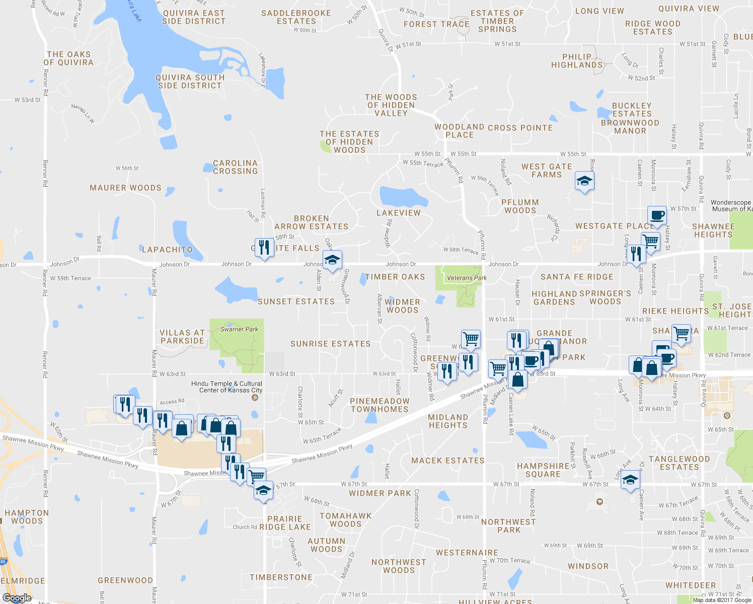 map of restaurants, bars, coffee shops, grocery stores, and more near 6014 Albervan Street in Shawnee
