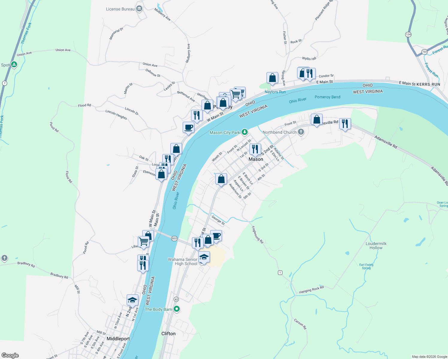 map of restaurants, bars, coffee shops, grocery stores, and more near 322 Anderson Street in Mason