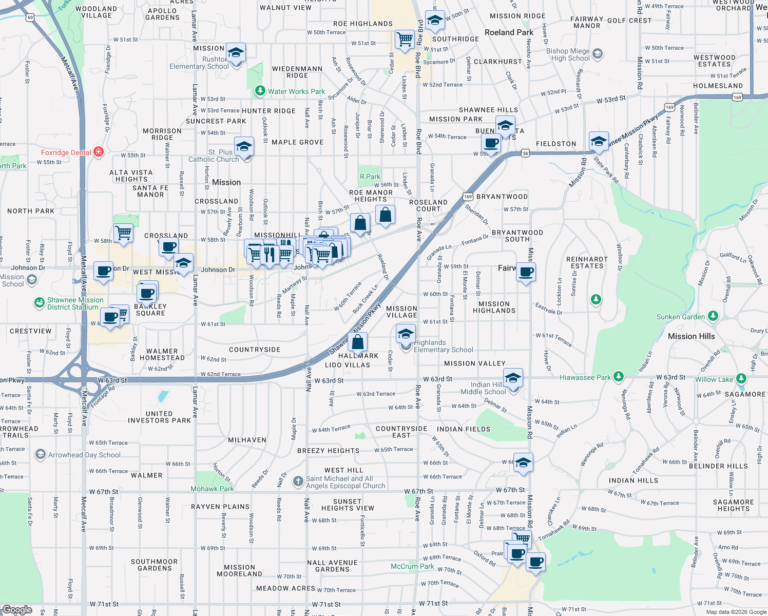 map of restaurants, bars, coffee shops, grocery stores, and more near 6030 Juniper Dr in Mission