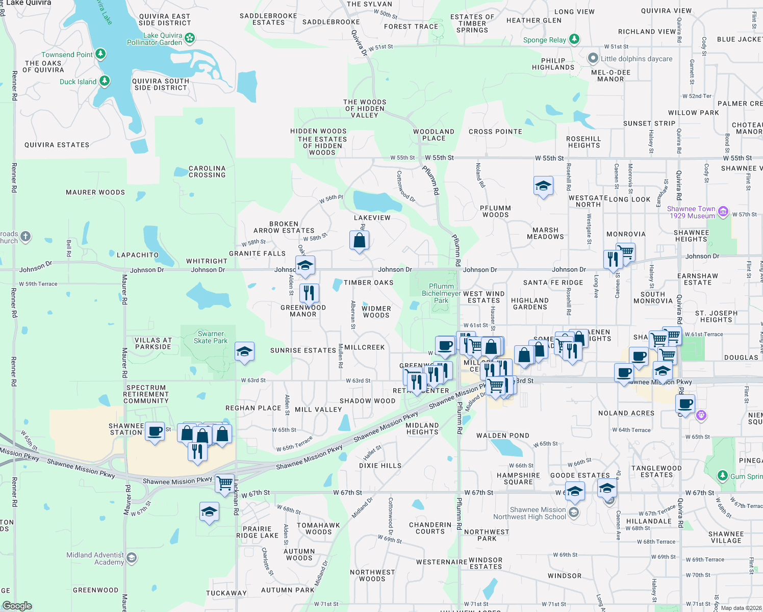 map of restaurants, bars, coffee shops, grocery stores, and more near 6007 Hallet St in Shawnee