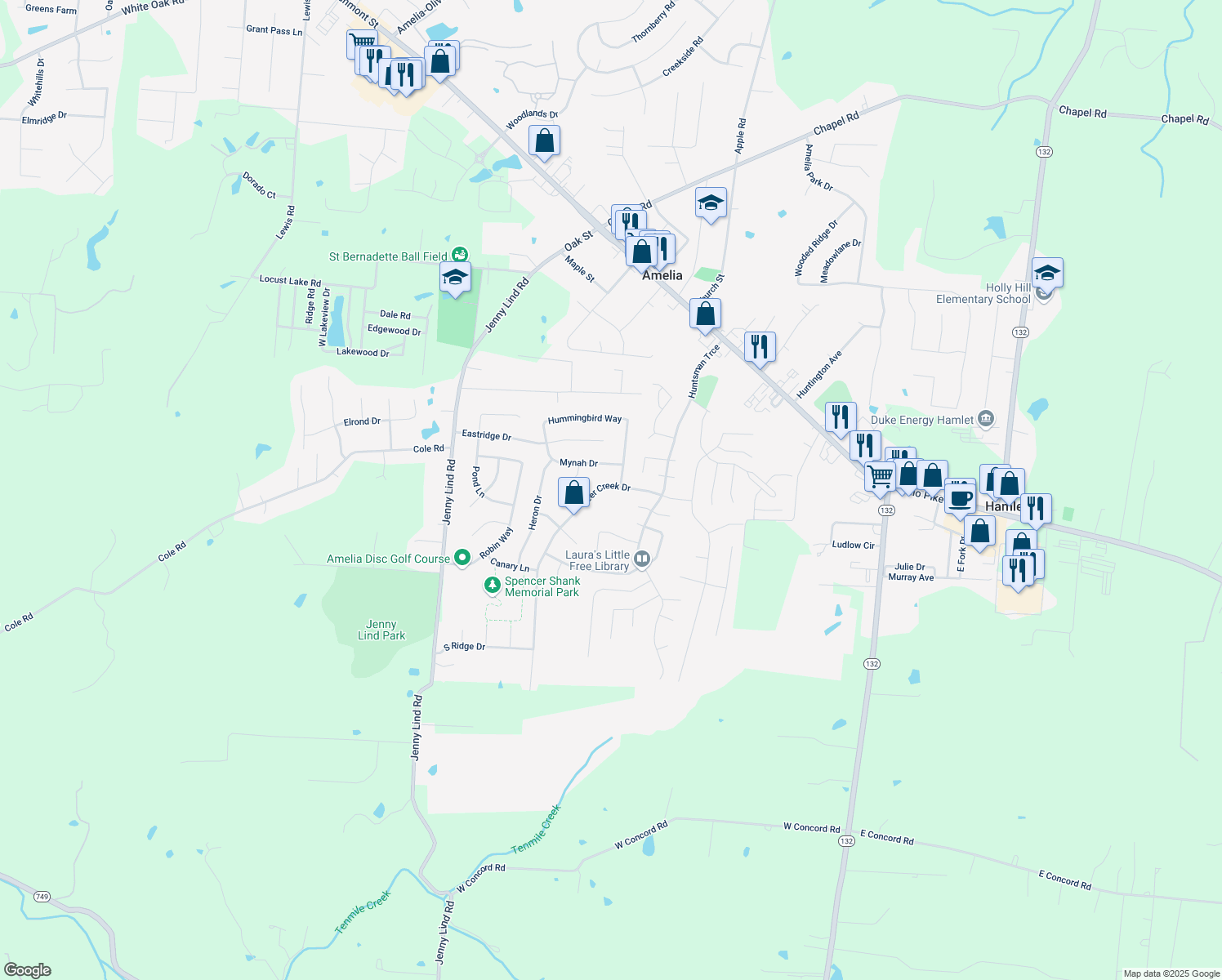 map of restaurants, bars, coffee shops, grocery stores, and more near 30 Deer Creek Drive in Amelia