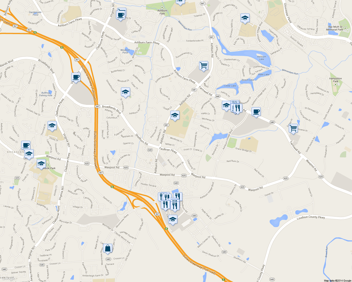 map of restaurants, bars, coffee shops, grocery stores, and more near 43633 Winthrop Court in Ashburn