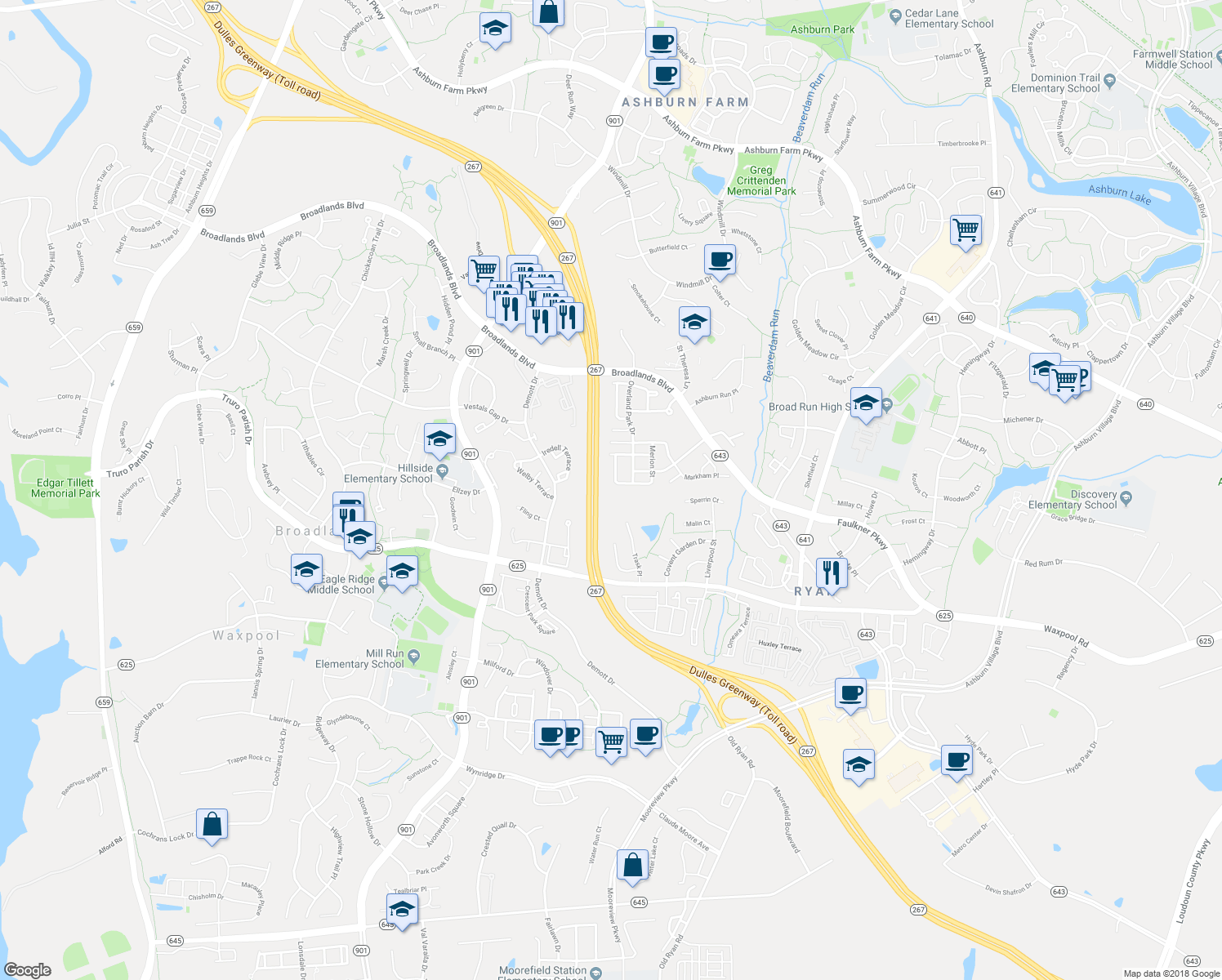 map of restaurants, bars, coffee shops, grocery stores, and more near 21606 Merion Street in Ashburn