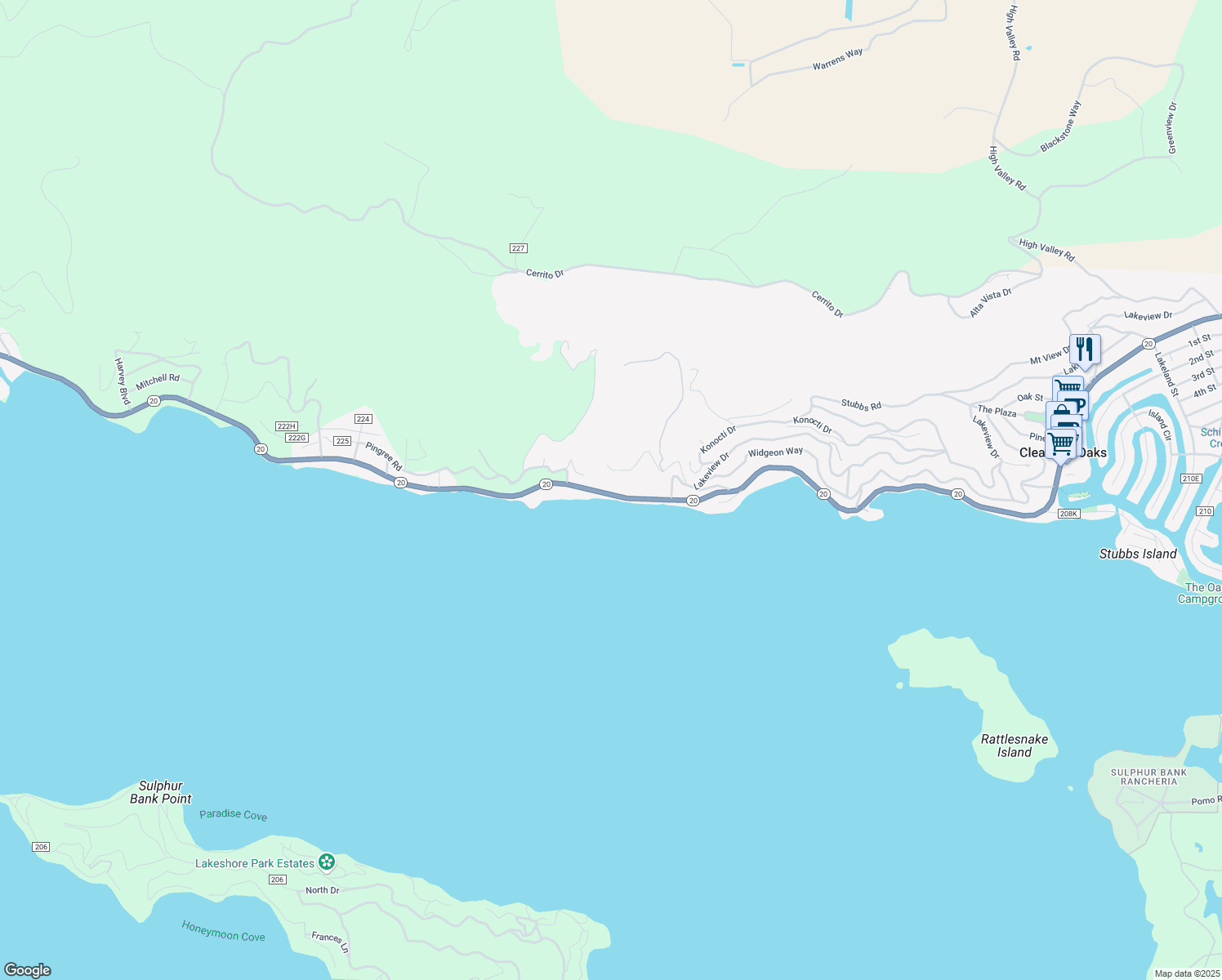 map of restaurants, bars, coffee shops, grocery stores, and more near 11294 East Highway 20 in Lucerne