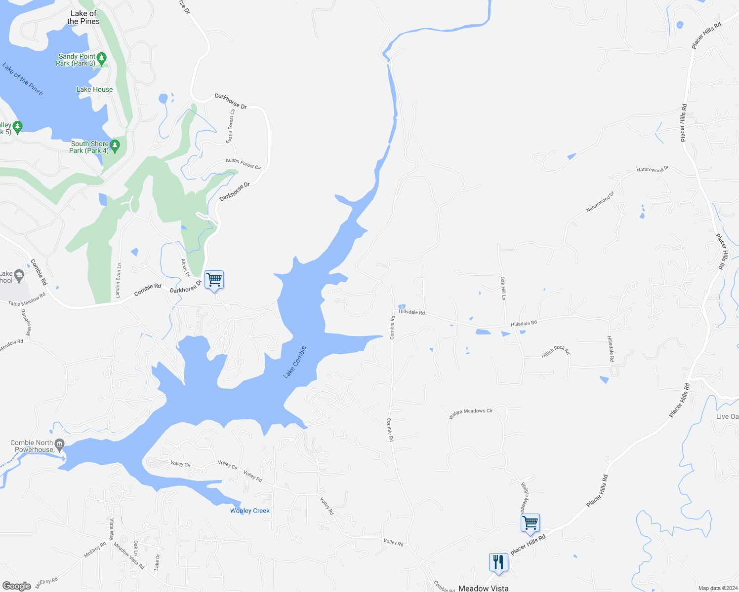 map of restaurants, bars, coffee shops, grocery stores, and more near 17575 Lakeview Hills Road in Meadow Vista