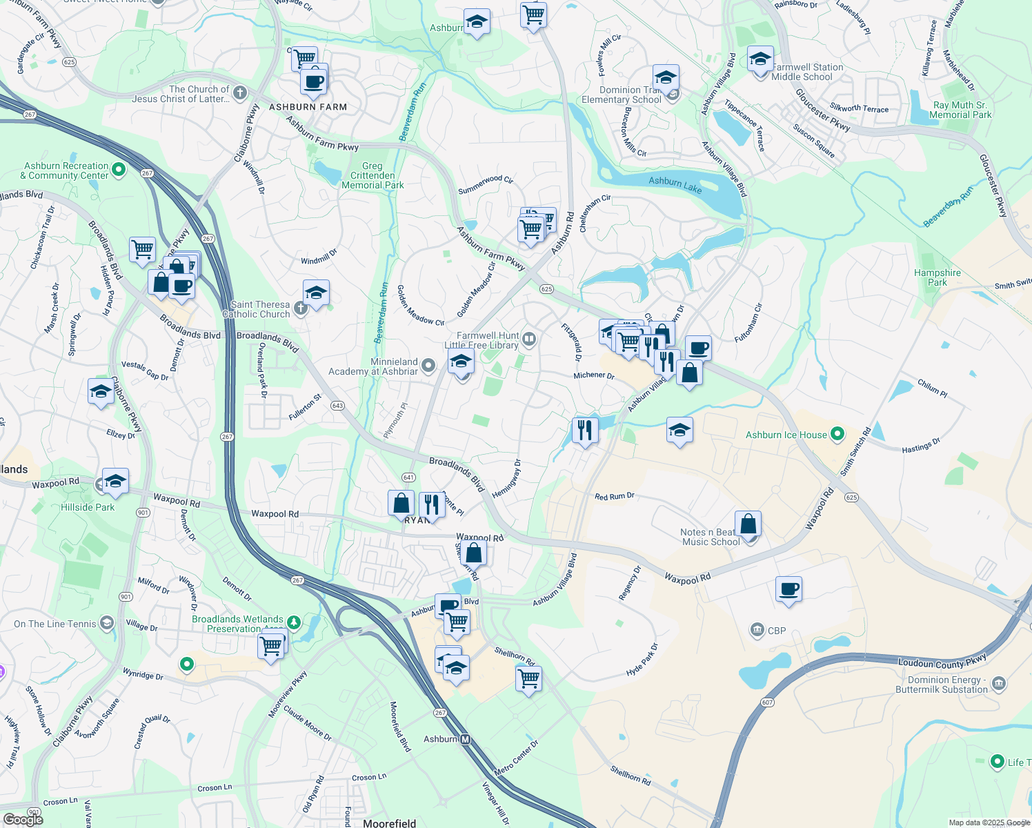 map of restaurants, bars, coffee shops, grocery stores, and more near 21548 Kouros Court in Ashburn