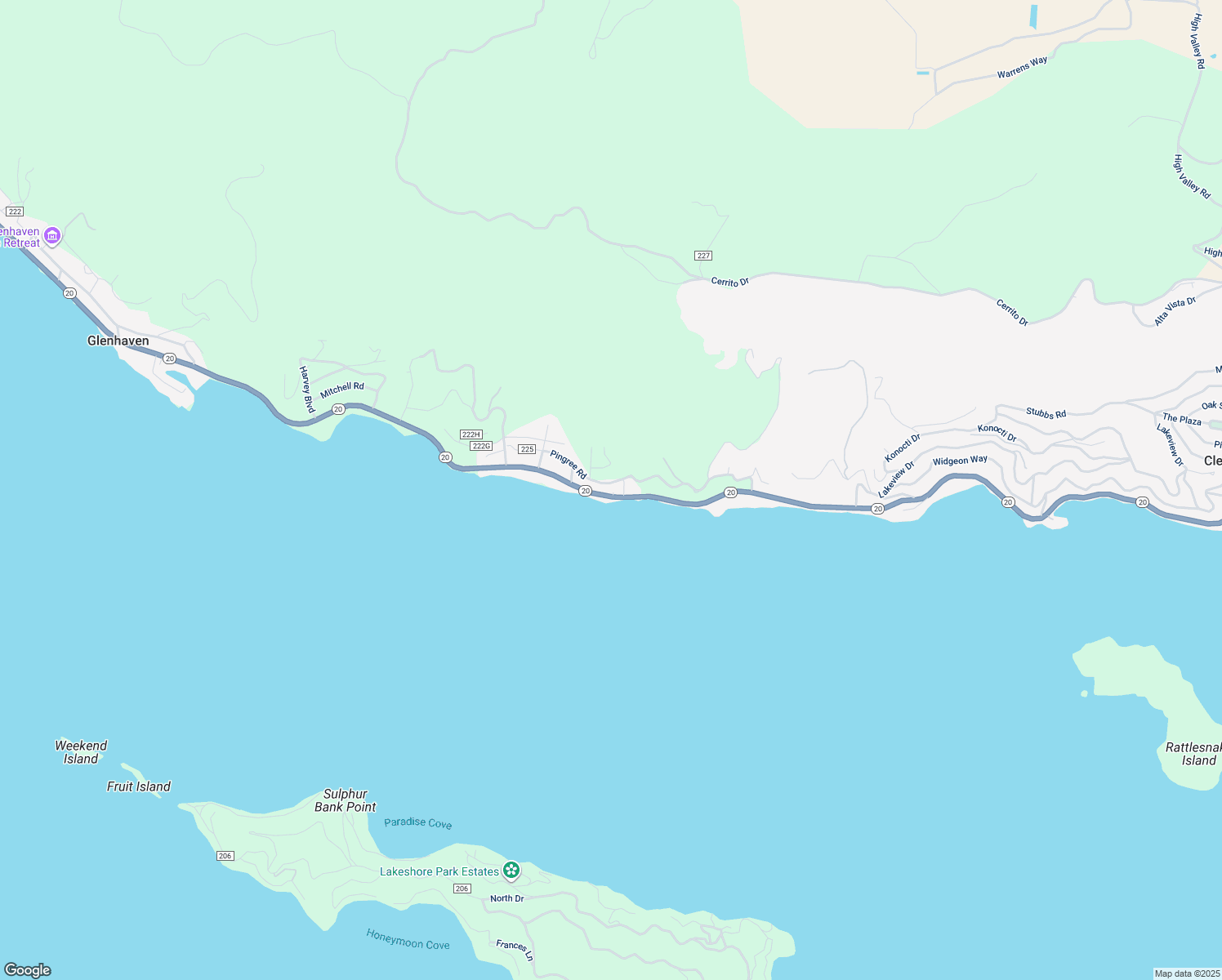 map of restaurants, bars, coffee shops, grocery stores, and more near 10771 Pingree Road in Clearlake Oaks