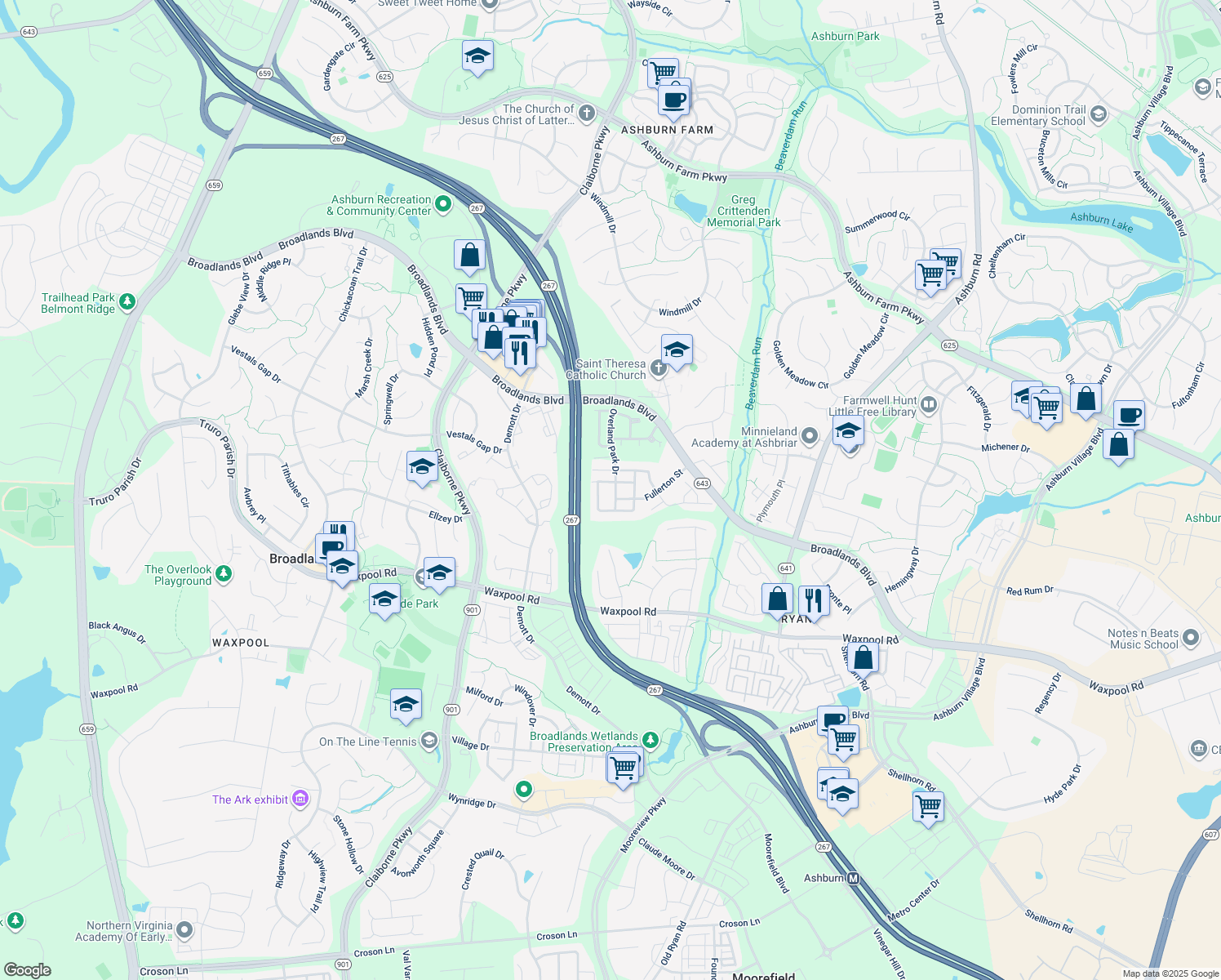 map of restaurants, bars, coffee shops, grocery stores, and more near 21527 Overland Park Drive in Ashburn