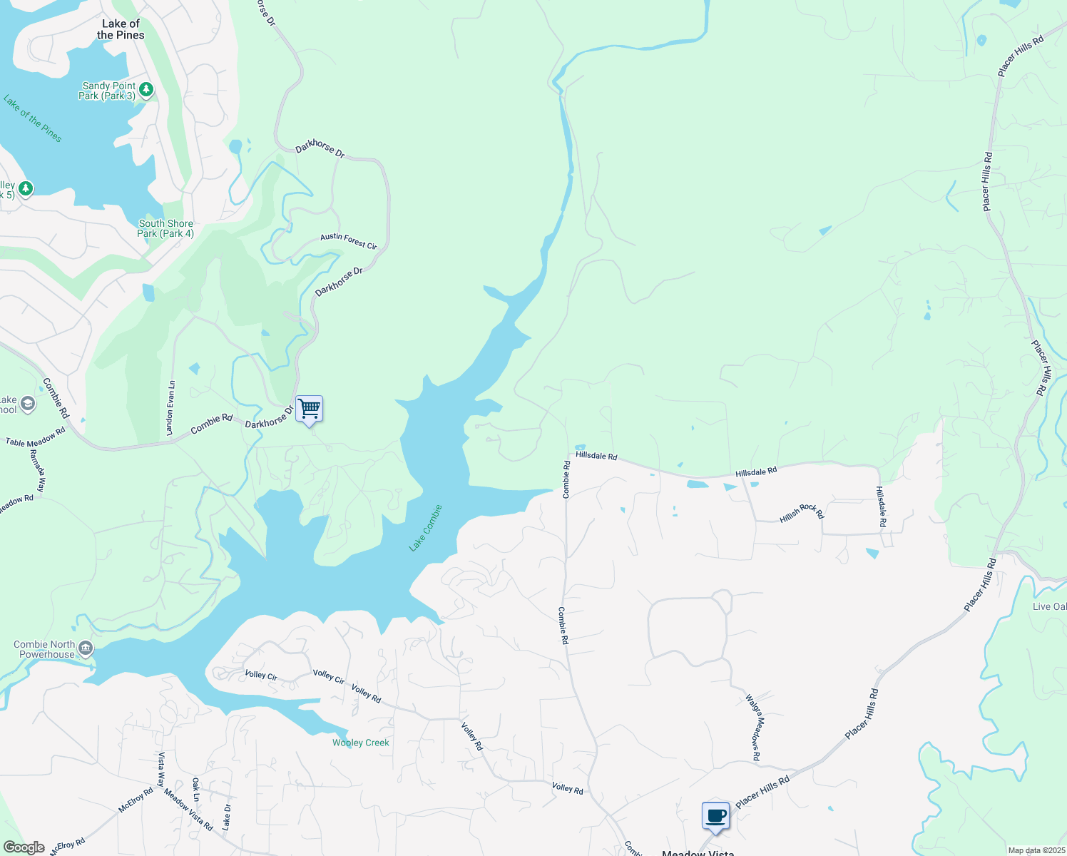 map of restaurants, bars, coffee shops, grocery stores, and more near 17575 Lakeview Hills Road in Meadow Vista