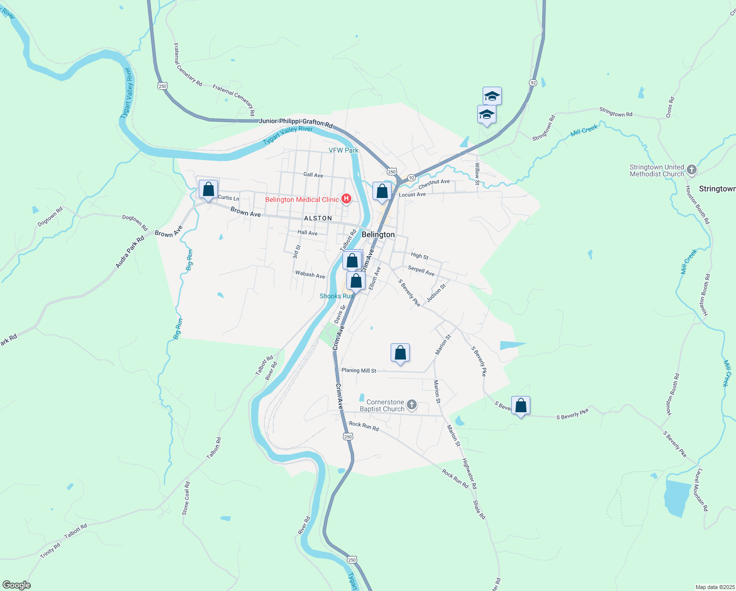 map of restaurants, bars, coffee shops, grocery stores, and more near 221 Elliott Ave in Belington
