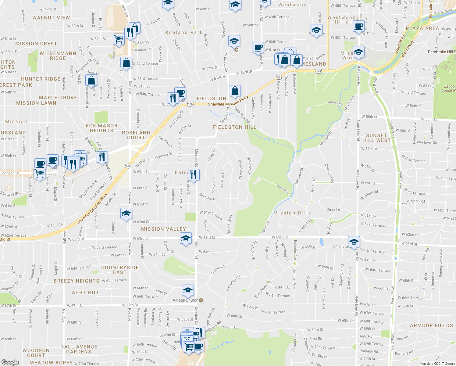 map of restaurants, bars, coffee shops, grocery stores, and more near 5930 Reinhardt Drive in Fairway