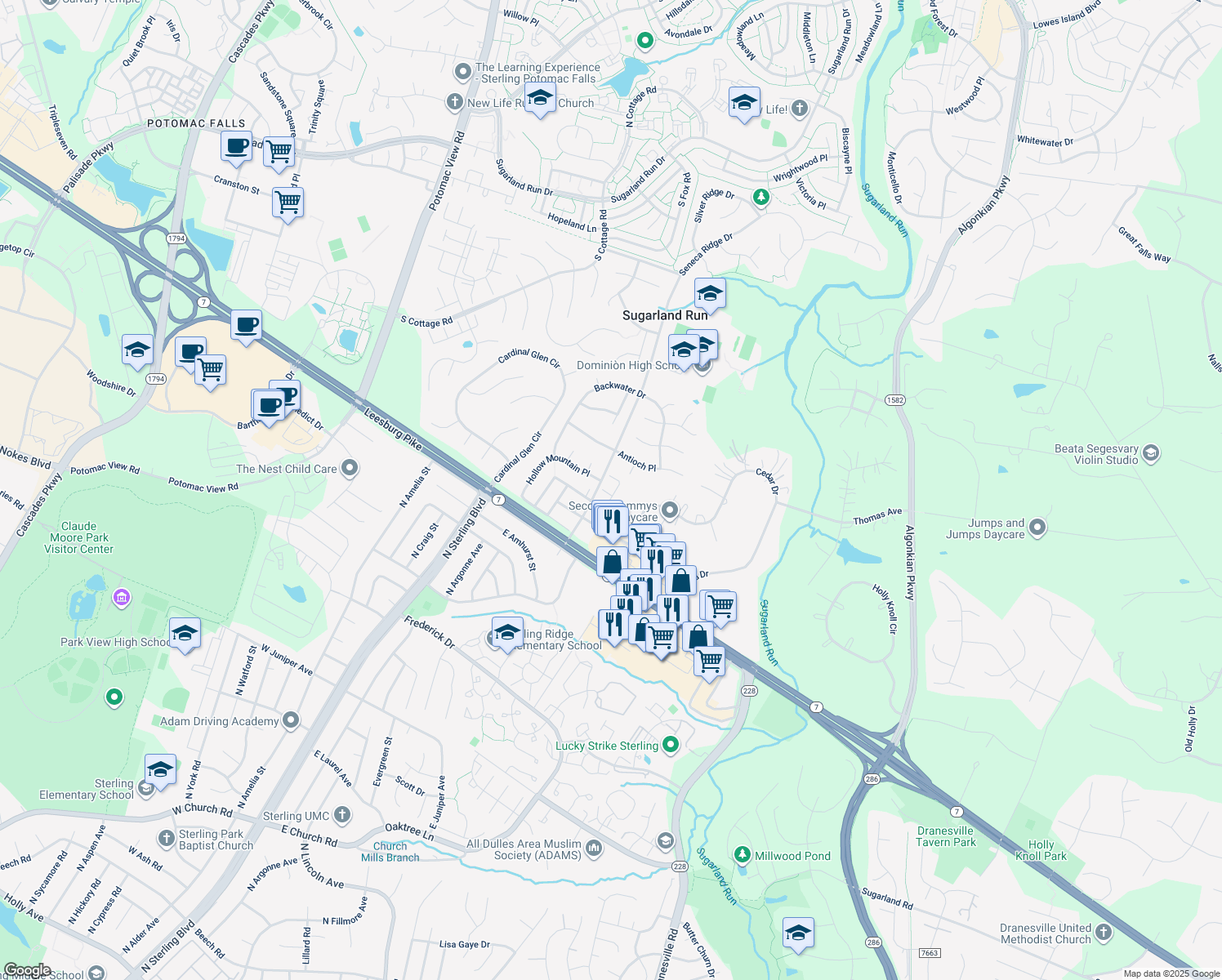 map of restaurants, bars, coffee shops, grocery stores, and more near 46852 Burning Branch Terrace in Sterling