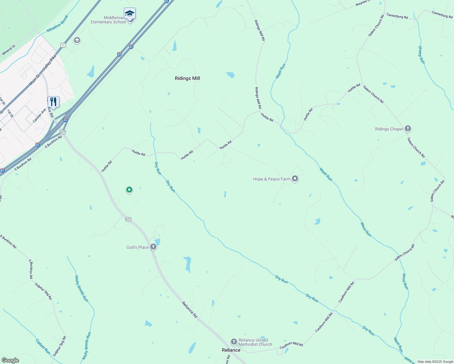 map of restaurants, bars, coffee shops, grocery stores, and more near 835 Huttle Road in Middletown