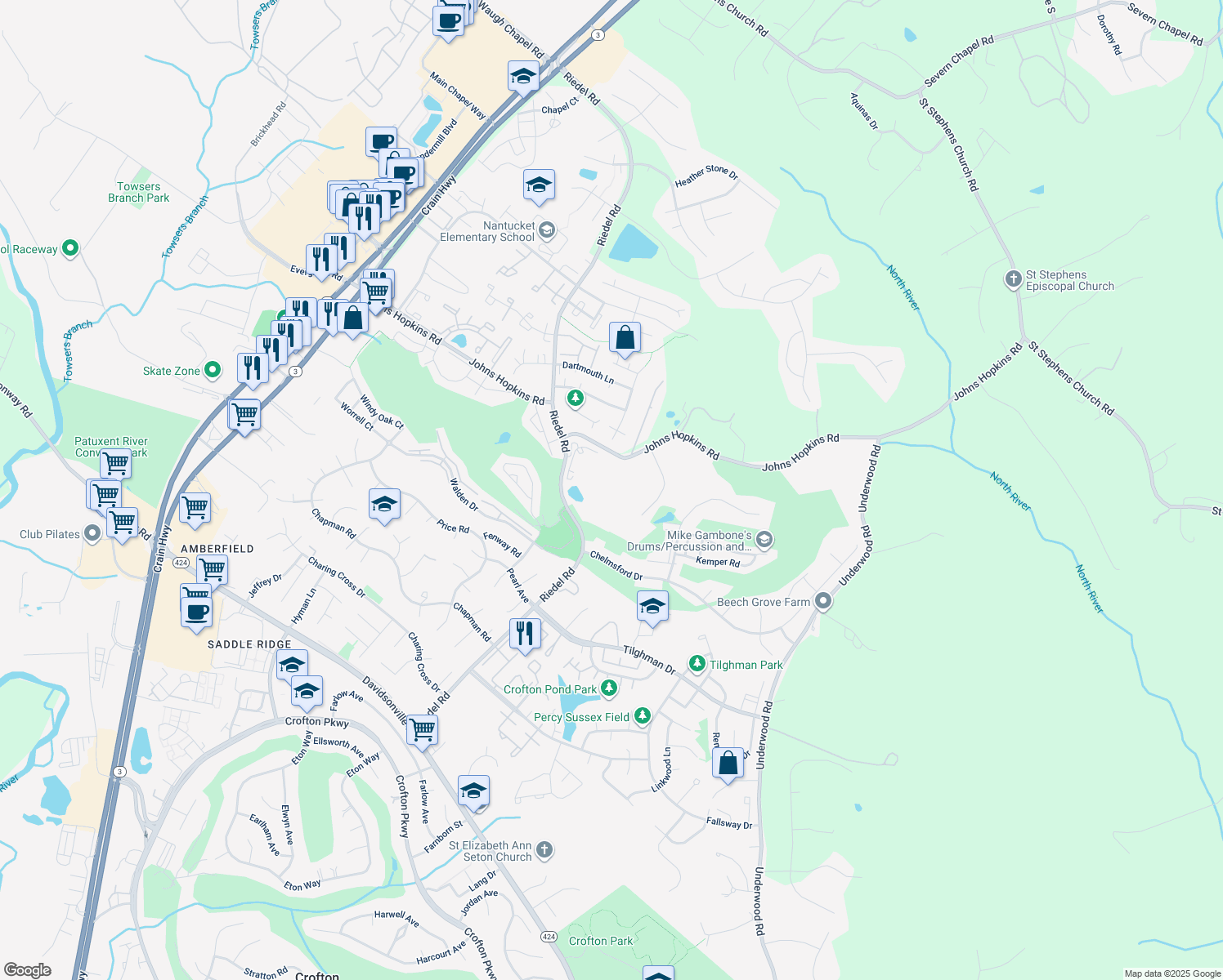 map of restaurants, bars, coffee shops, grocery stores, and more near 2173 Johns Hopkins Road in Gambrills