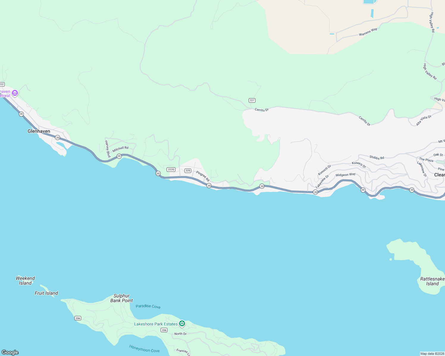 map of restaurants, bars, coffee shops, grocery stores, and more near 10810 Pingree Road in Clearlake Oaks