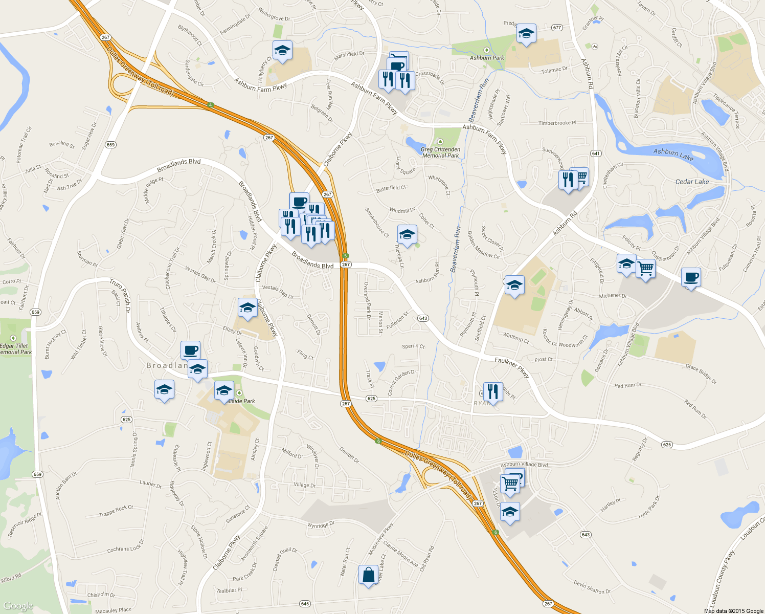 map of restaurants, bars, coffee shops, grocery stores, and more near 43316 Markham Place in Ashburn