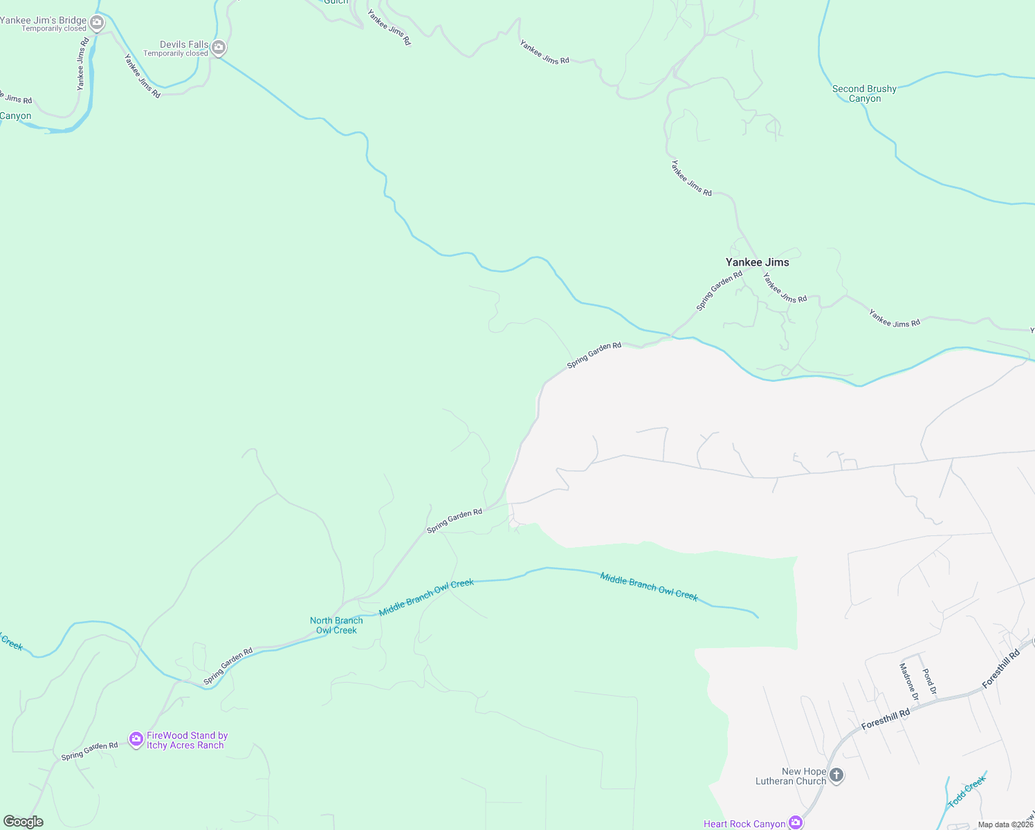 map of restaurants, bars, coffee shops, grocery stores, and more near 21235 Spring Garden Road in Foresthill
