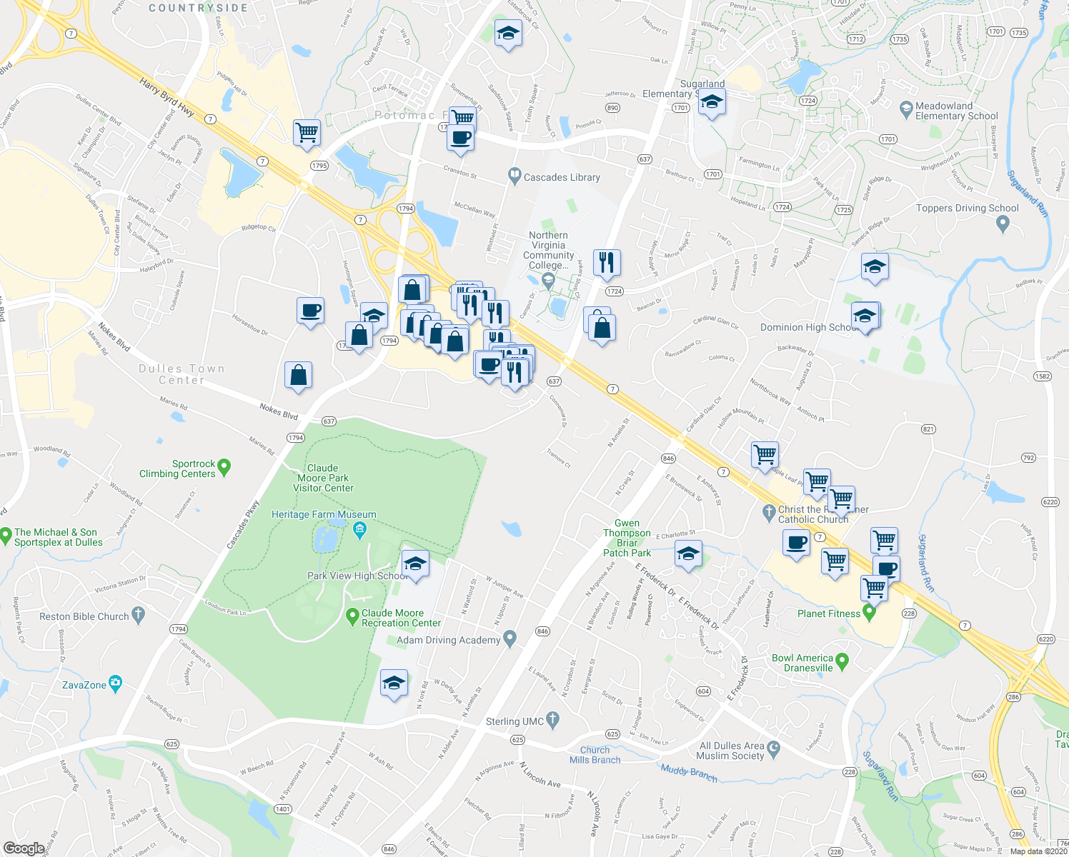 map of restaurants, bars, coffee shops, grocery stores, and more near 21386 Potomac View Road in Sterling