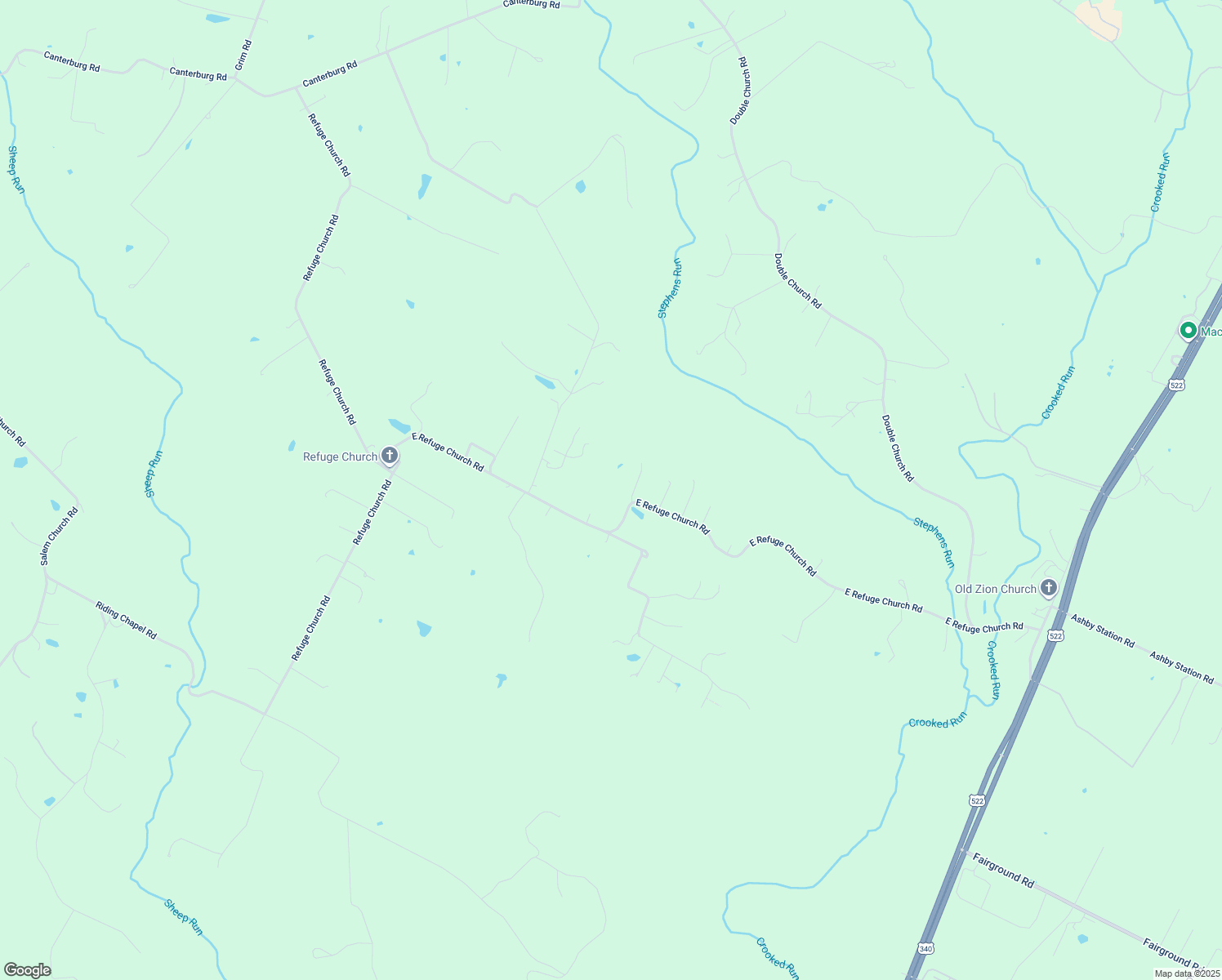 map of restaurants, bars, coffee shops, grocery stores, and more near 1047 E Refuge Church Rd in Stephens City