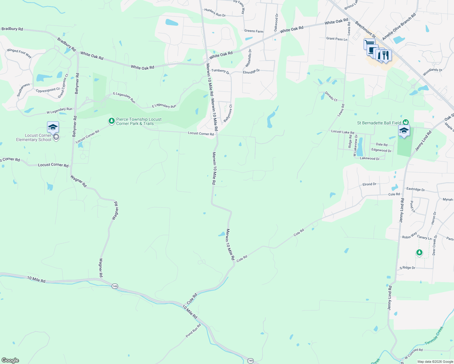 map of restaurants, bars, coffee shops, grocery stores, and more near 3398 Merwin 10 Mile Rd in New Richmond