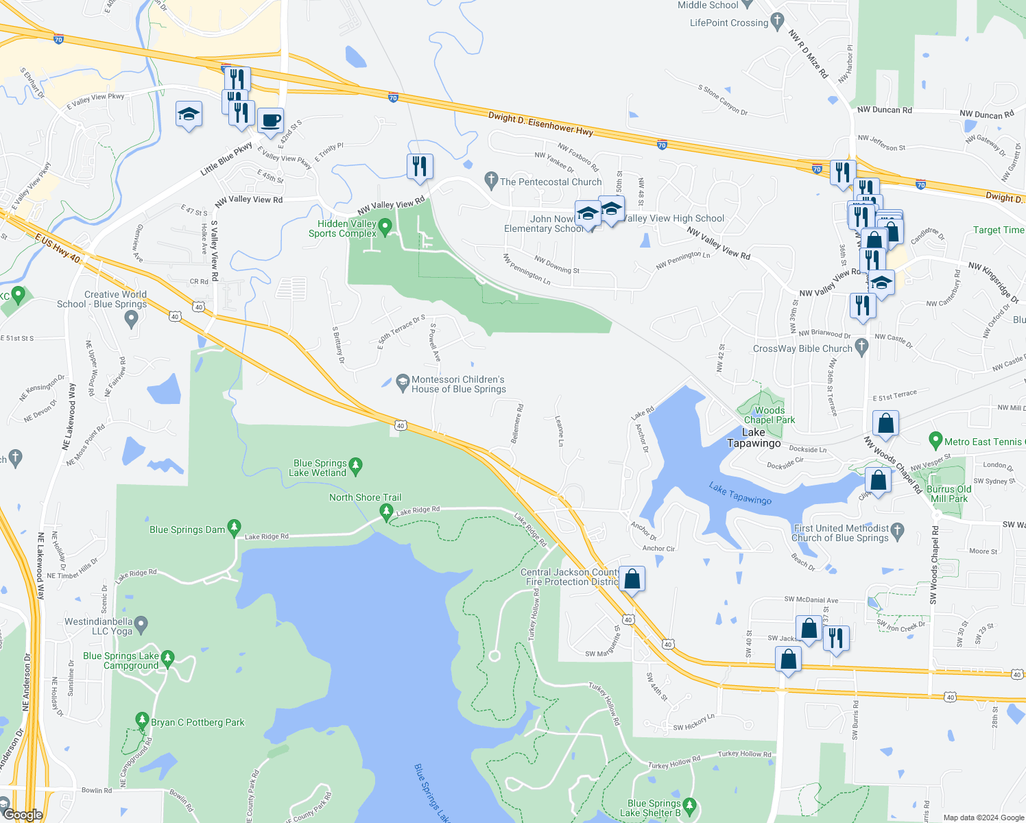 map of restaurants, bars, coffee shops, grocery stores, and more near 405 Bellemere Road in Blue Springs