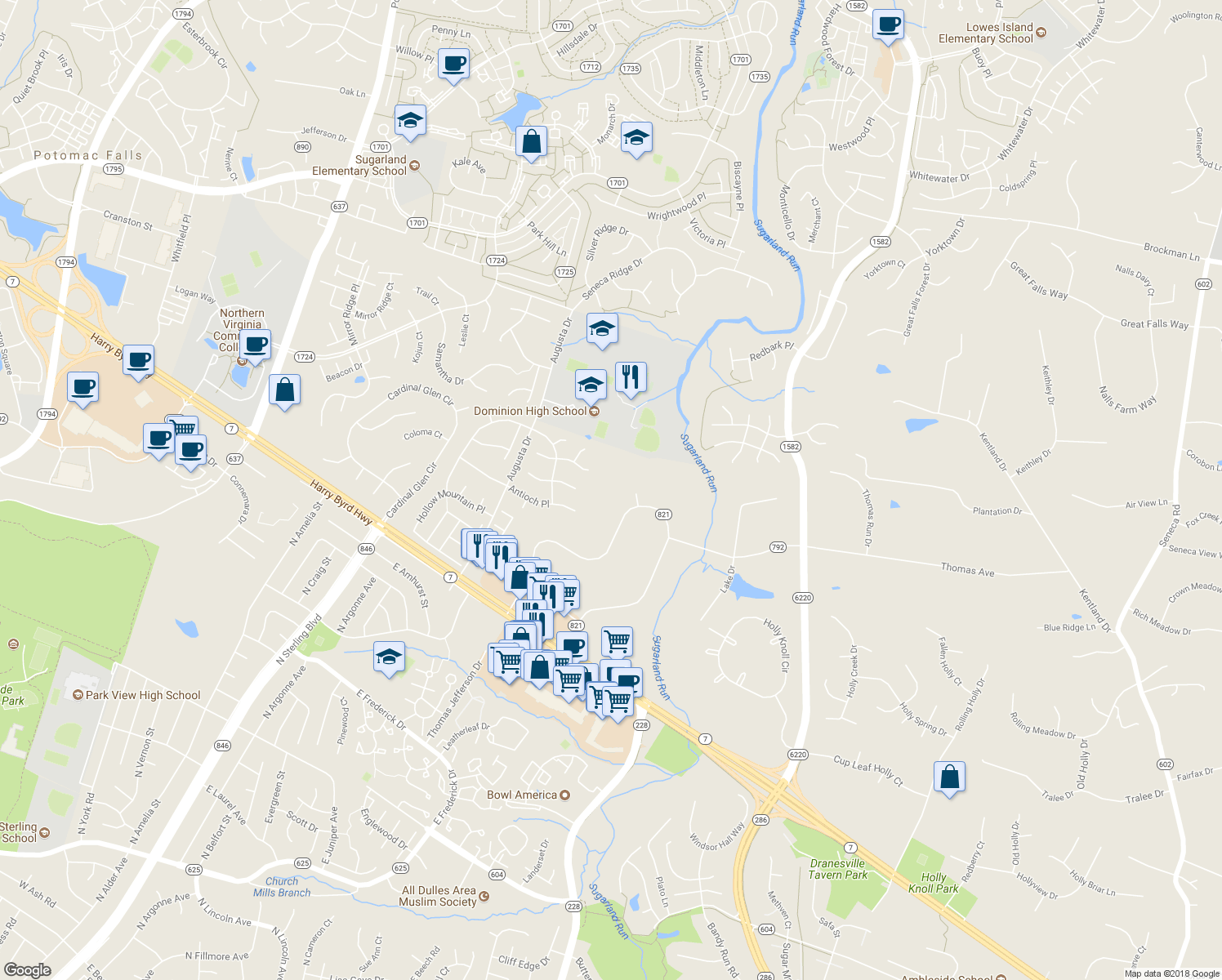 map of restaurants, bars, coffee shops, grocery stores, and more near 40 Cedar Drive in Sterling