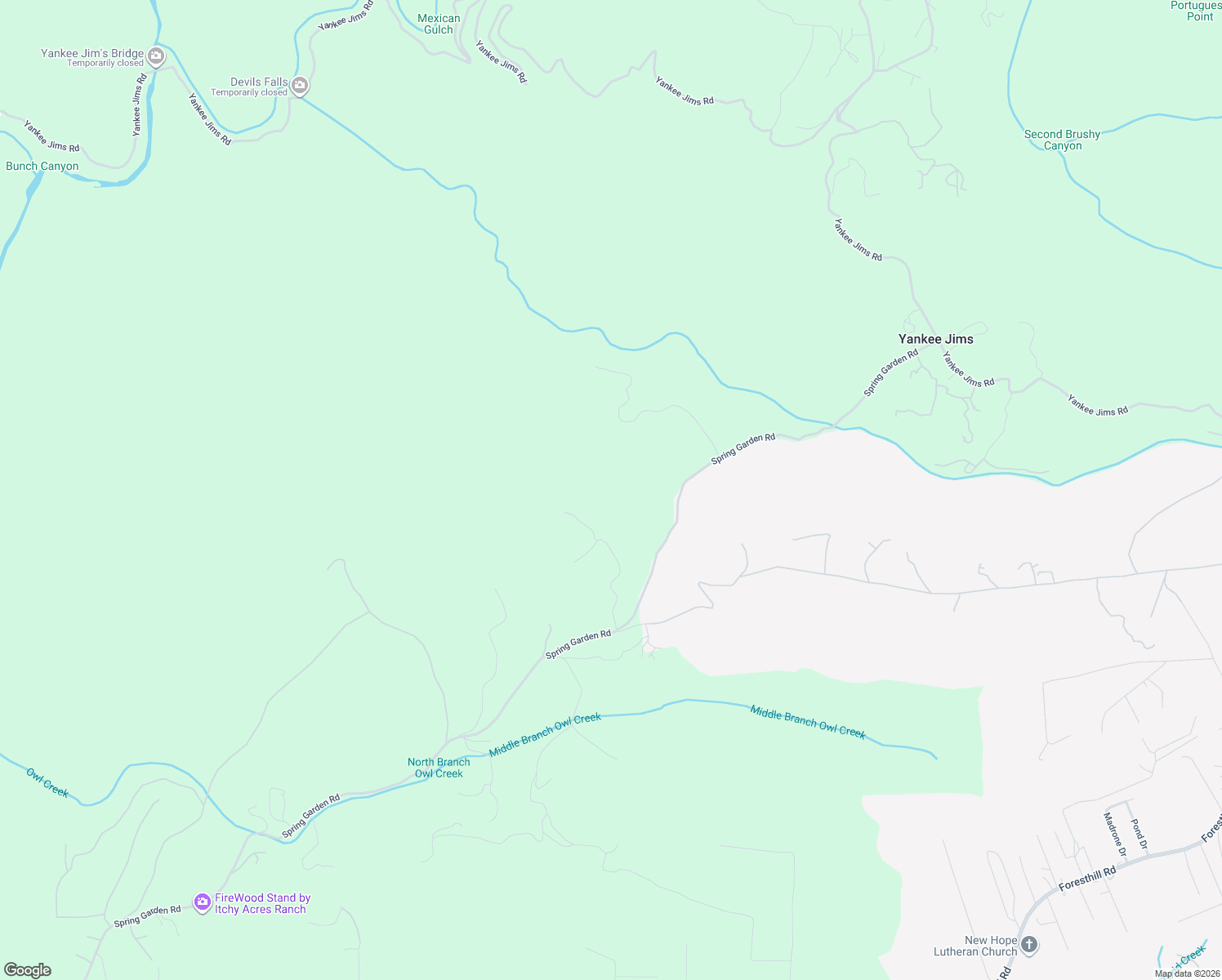 map of restaurants, bars, coffee shops, grocery stores, and more near 21235 Spring Garden Road in Foresthill