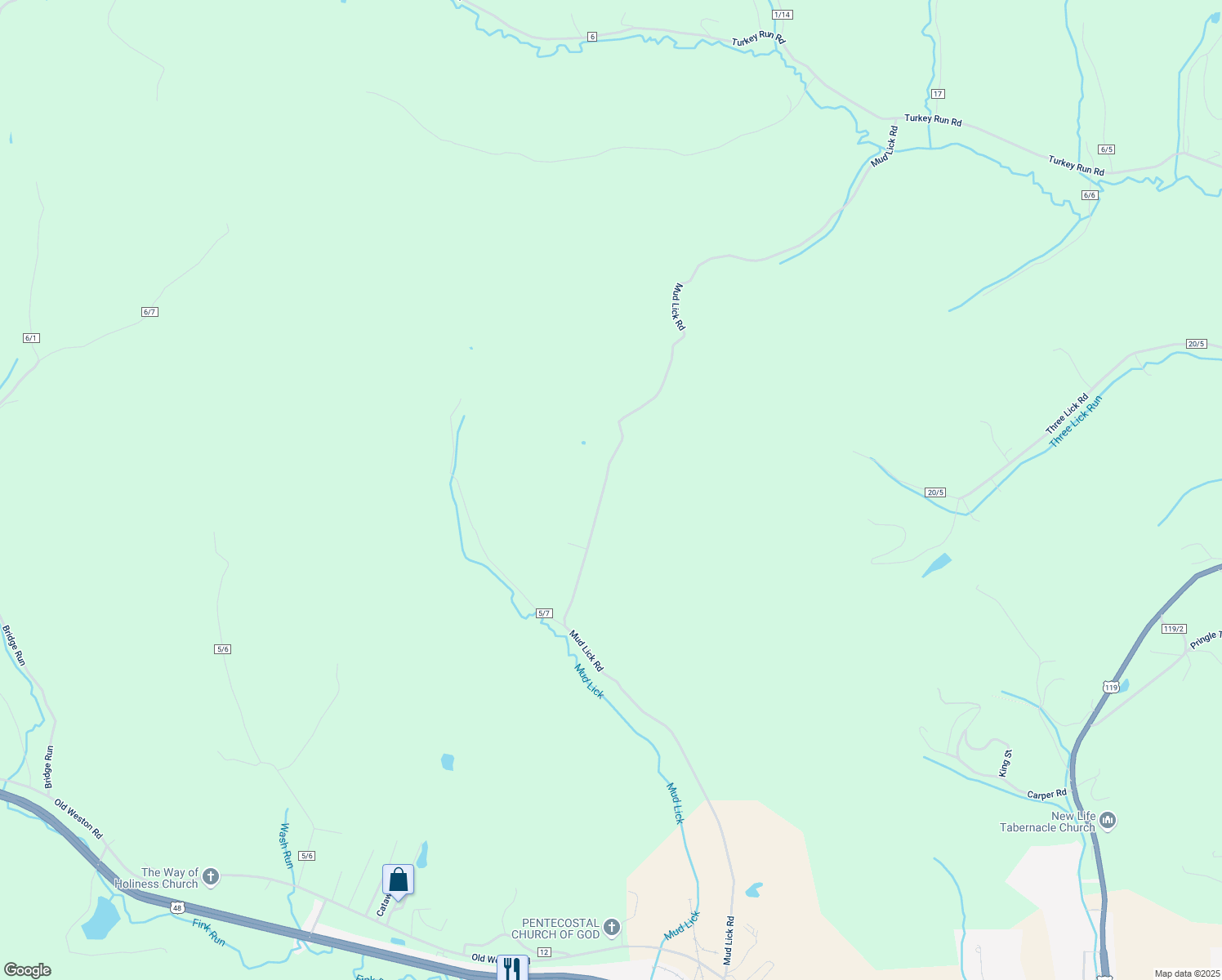 map of restaurants, bars, coffee shops, grocery stores, and more near 1566 Mud Lick Road in Buckhannon