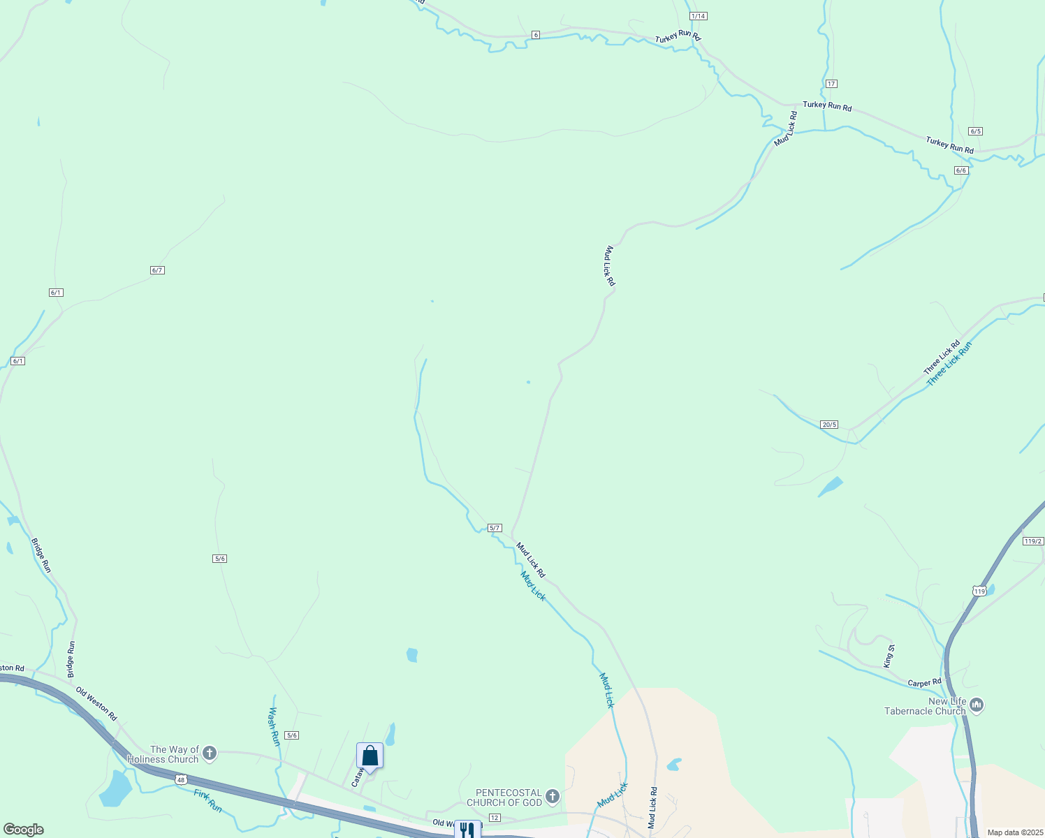 map of restaurants, bars, coffee shops, grocery stores, and more near 1566 Mud Lick Road in Buckhannon