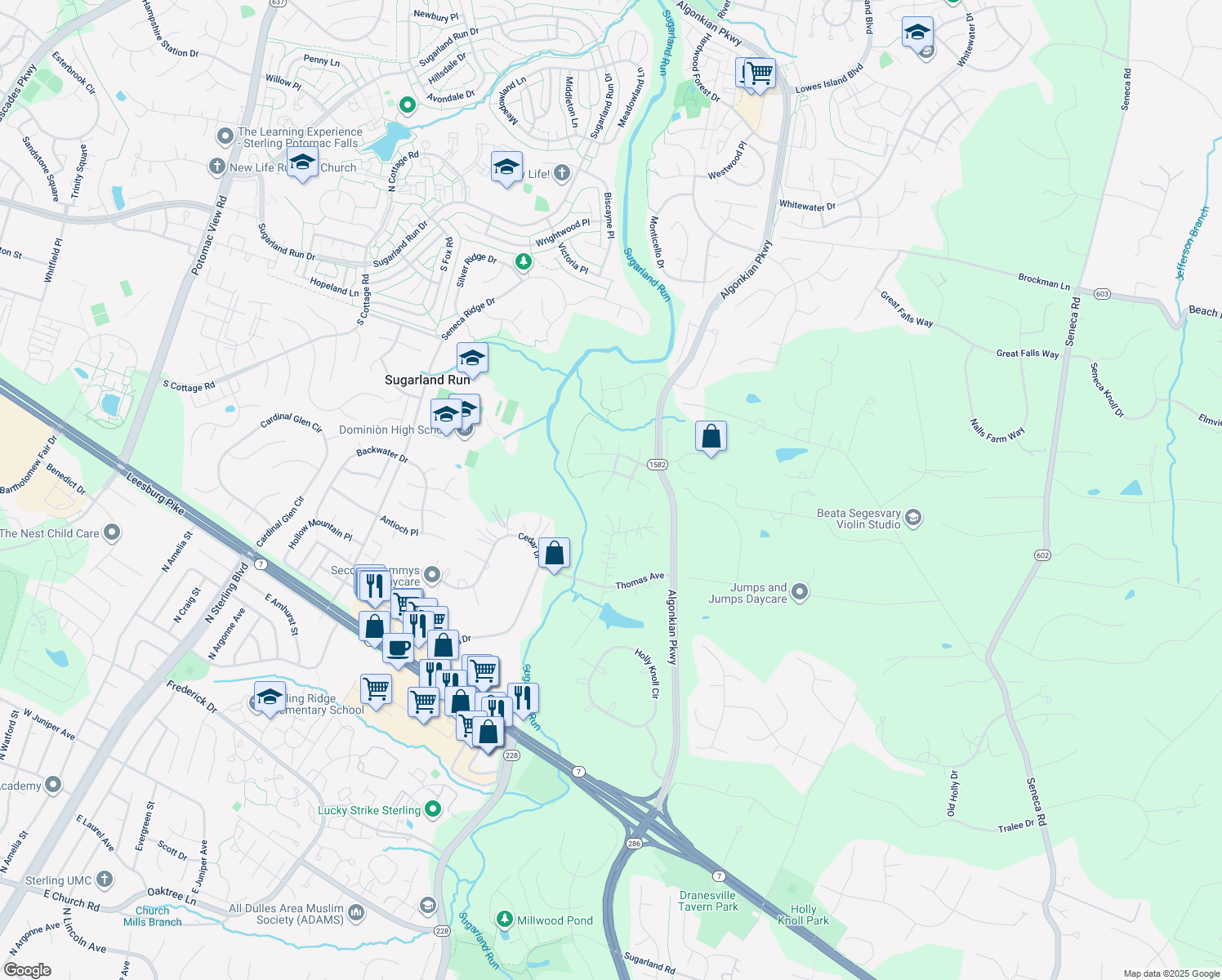 map of restaurants, bars, coffee shops, grocery stores, and more near 21366 Sparrow Place in Sterling