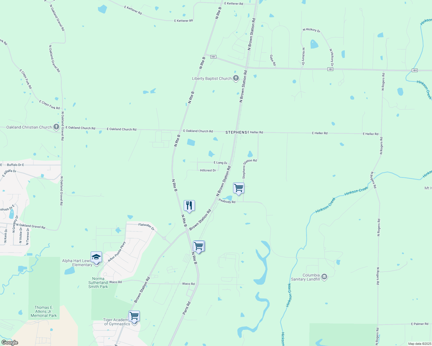 map of restaurants, bars, coffee shops, grocery stores, and more near 4440 Hillcrest Drive in Columbia