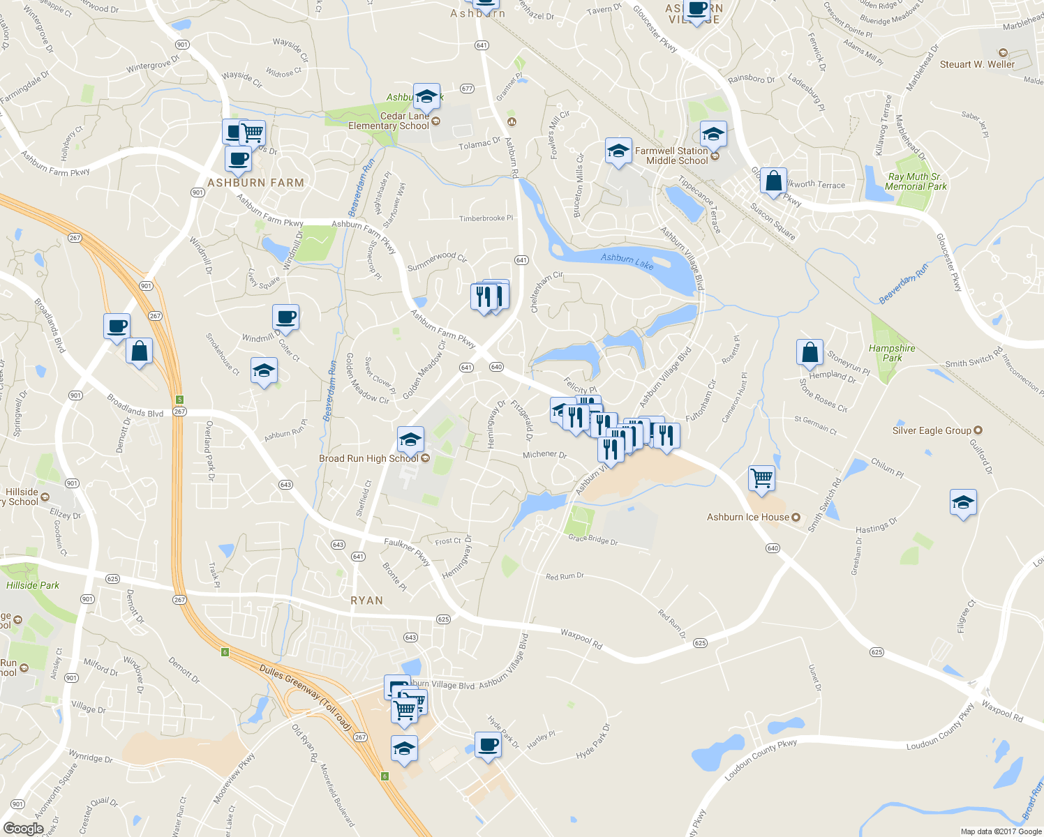 map of restaurants, bars, coffee shops, grocery stores, and more near 21381 Fitzgerald Drive in Ashburn