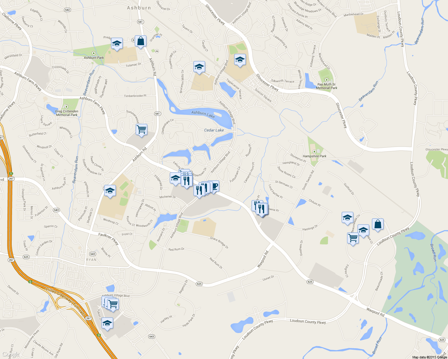 map of restaurants, bars, coffee shops, grocery stores, and more near 21375 Fultonham Circle in Ashburn