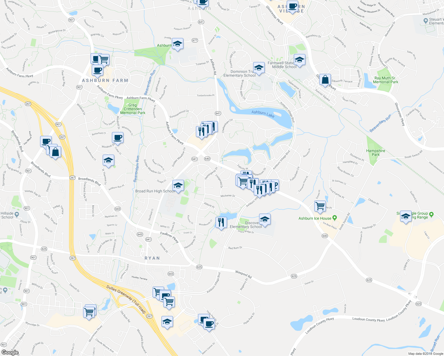 map of restaurants, bars, coffee shops, grocery stores, and more near 43850 Sandburg Square in Ashburn