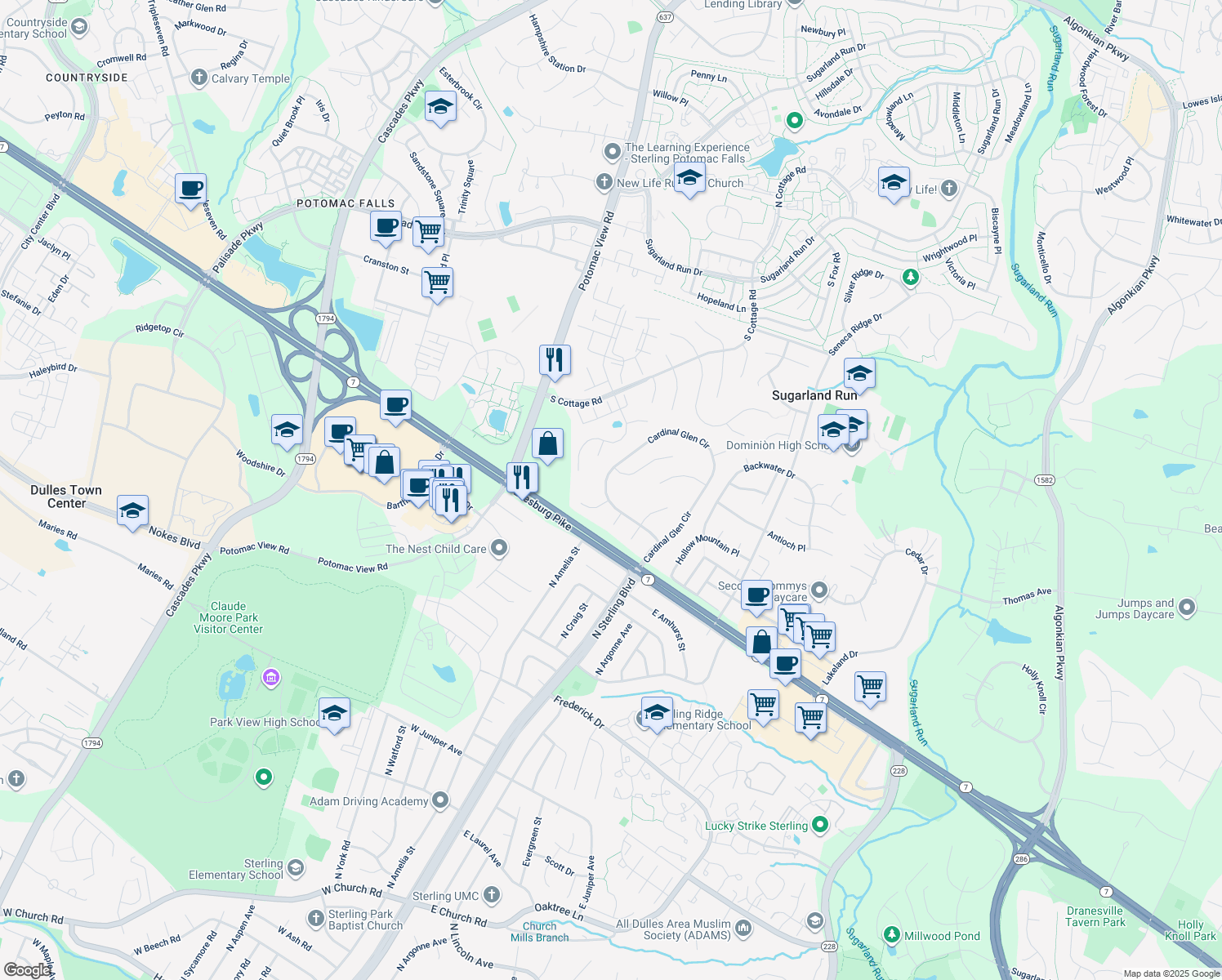 map of restaurants, bars, coffee shops, grocery stores, and more near 408 Cardinal Glen Circle in Sterling