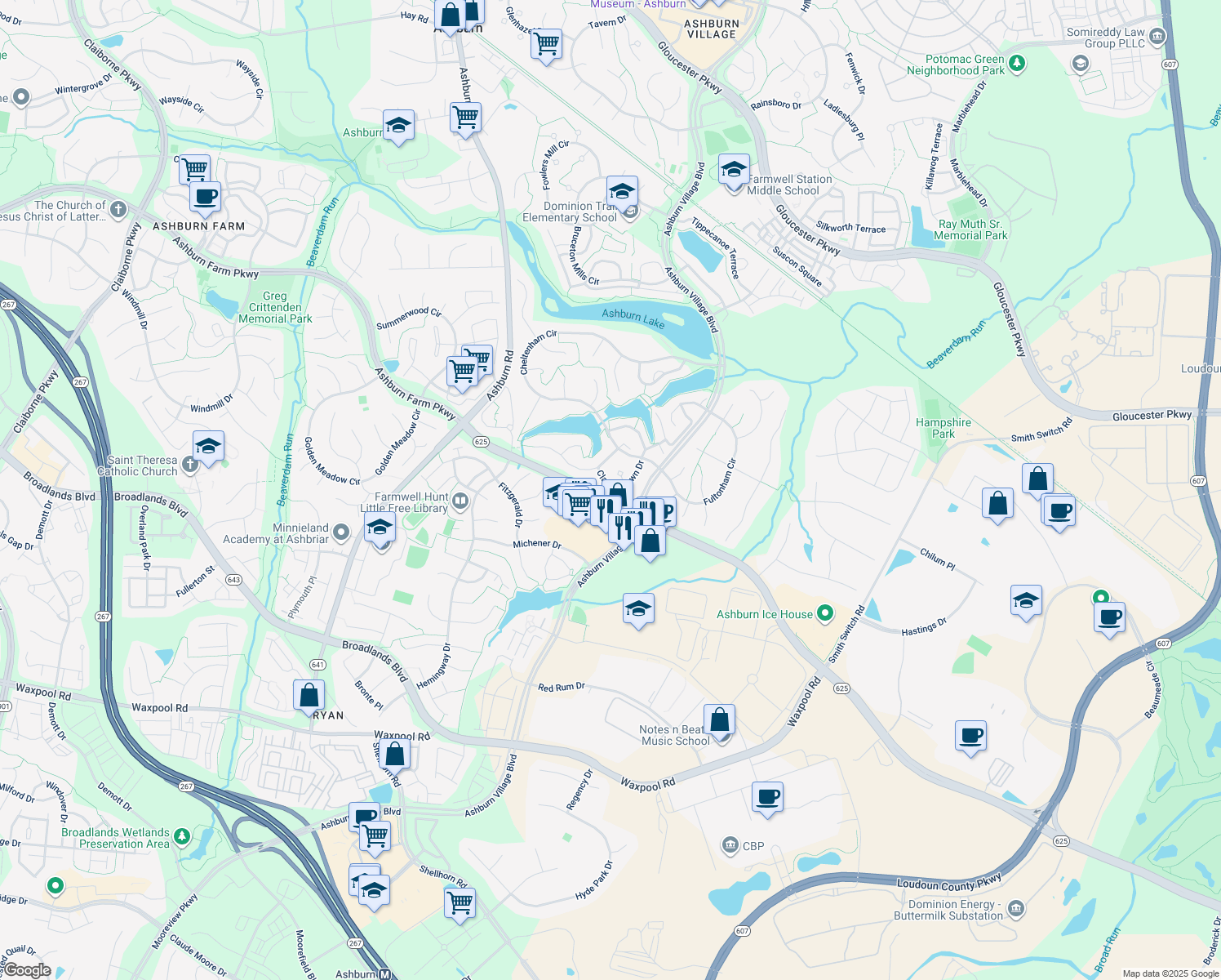 map of restaurants, bars, coffee shops, grocery stores, and more near 21368 Clappertown Drive in Ashburn