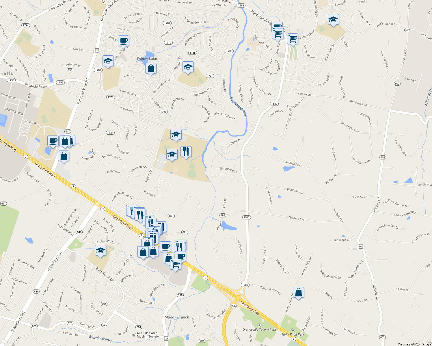 map of restaurants, bars, coffee shops, grocery stores, and more near 47178 Brasswood Pl in Sterling