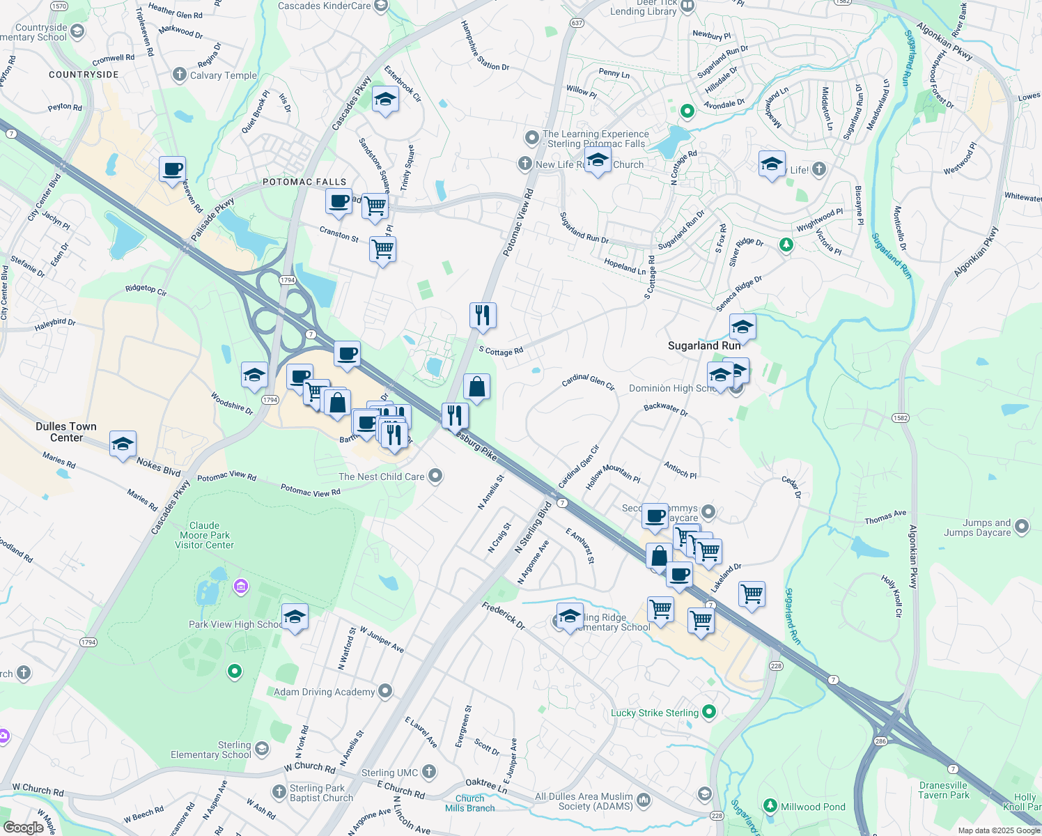map of restaurants, bars, coffee shops, grocery stores, and more near 407 Cardinal Glen Circle in Sterling